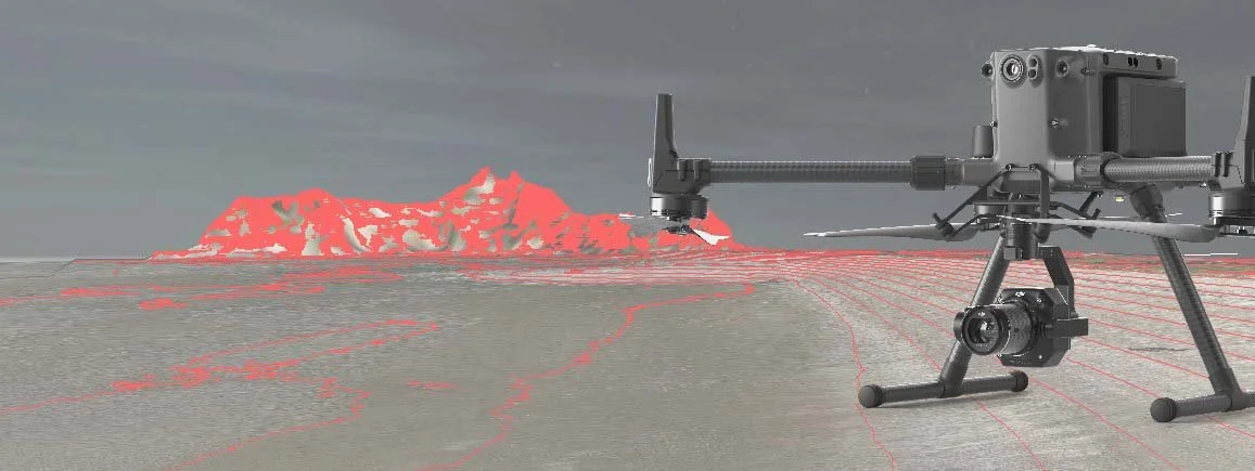 DJI Matrice 300 RTK with gimbal camera payload, shown with a coloured point cloud from a beach mapping survey