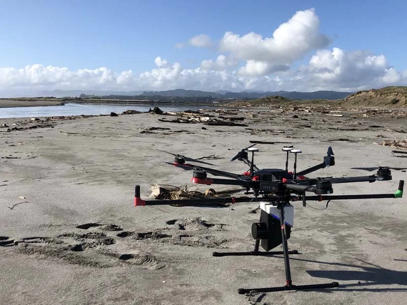 Recon heavy-lift inspection drone ready for take-off on a New Zealand coastal site