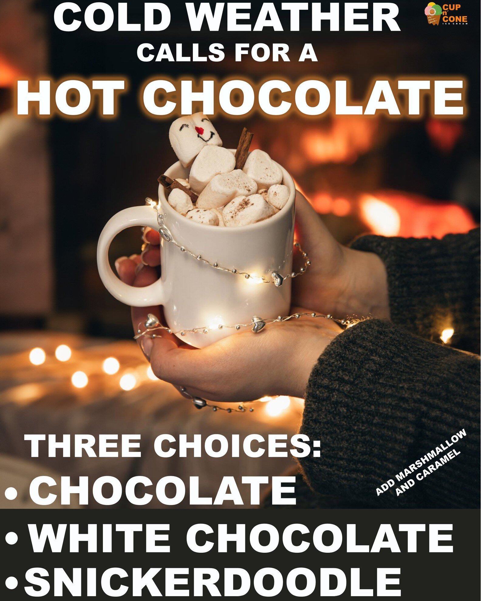 It's a hot chocolate evening. Get a warm marshmallow filled hot chocolate and enjoy the weather outside.
.
.
.
.
.
#hotchocolateseason #marshmallow #cupncone #livingthesweetlife #sunnyvale #smarystreet #hotchocolate
