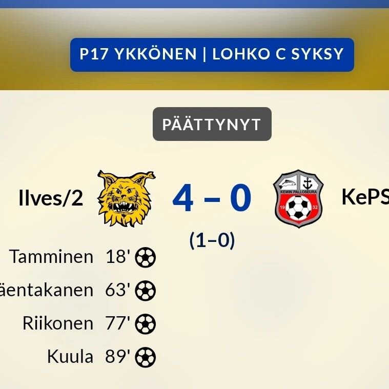 Ilves2 - KePS
4-0 (1-0)
Tamminen 18'
M&auml;entakanen 63'
Riikonen 77'
Kuula 89'

B-junnut aloittivat Ykk&ouml;sen 4-0 tappiolla Tampereella.
Ottelu oli kolmijakoinen.
Peli alkoi Ilveksell&auml; paremmin Kepsin viel&auml; j&auml;nnit&auml;ess&auml; u