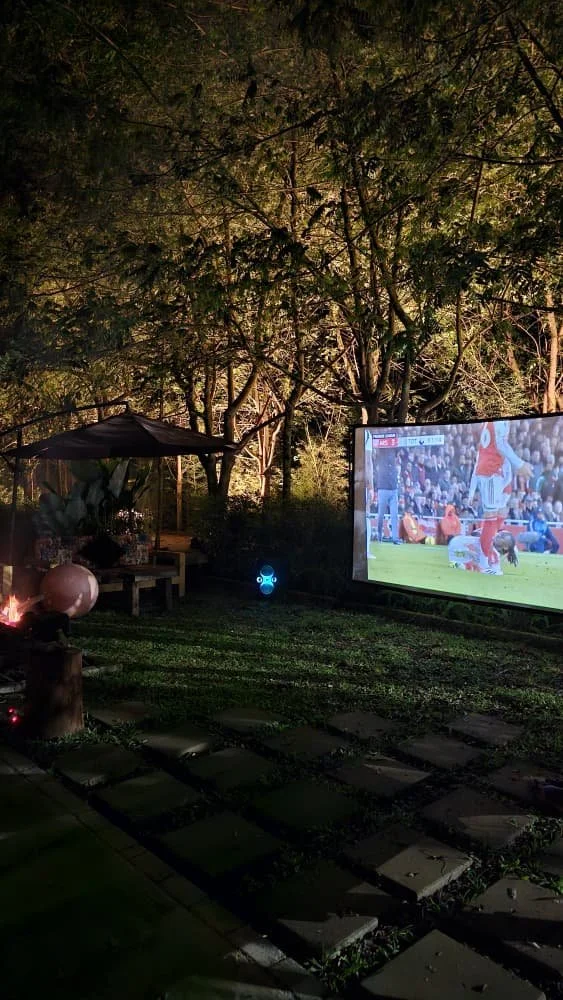 Outdoor backyard at night with a large screen TV showing a sports game, surrounded by trees, garden, and outdoor furniture, including a gazebo, fire pit, and potted plants.