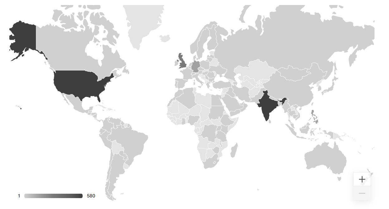 a screenshot of a map, showing sources of geographic engagement with my website which occurred in 2025