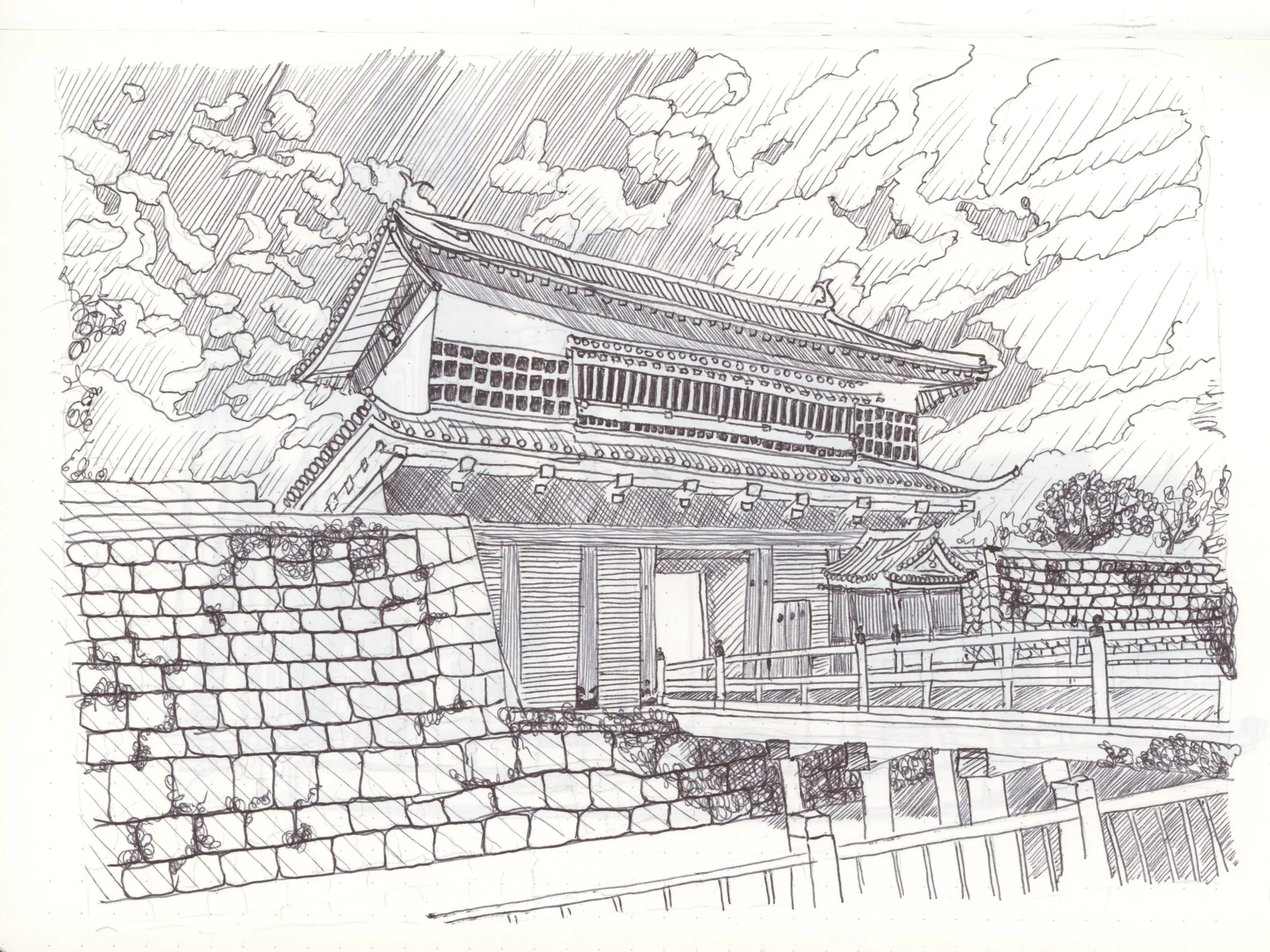 A drawing done with a Huion Note ball point on a Huion note paper notepad: Kagoshima Castle Goromon Gate