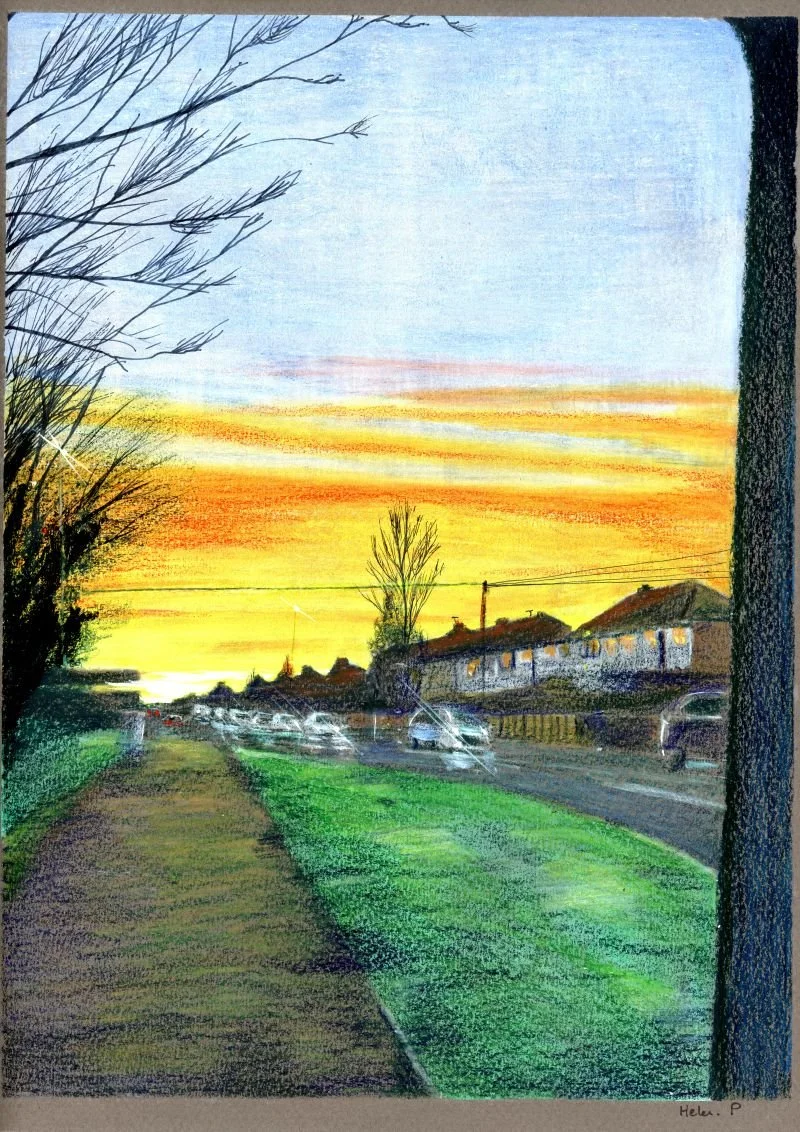 Mixed media drawing of a suburban street at sunrise, with golden light reflected on the wet road, cars on their morning journey, and trees and houses silhouetted against a bright sky