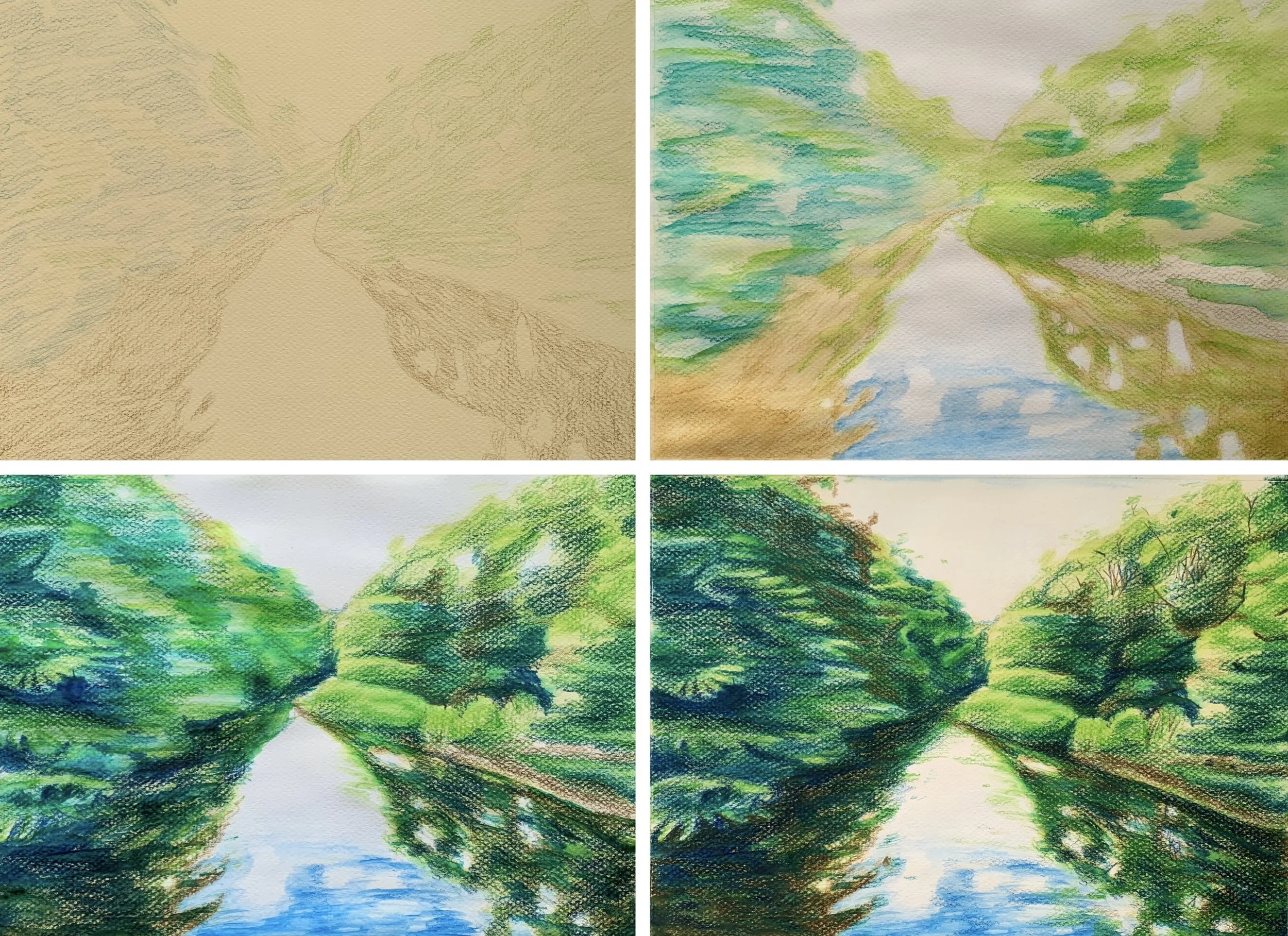 a progress montage of four panels depicting the illustration of a narrow waterway surrounded by greenery