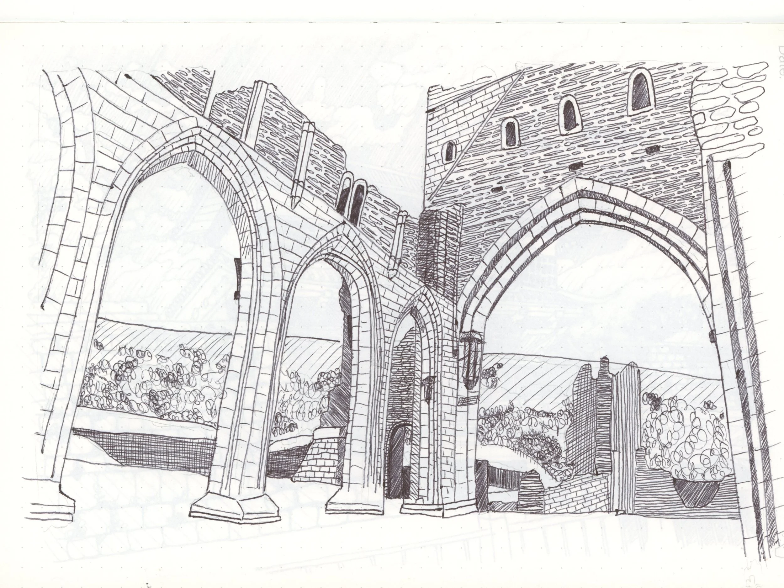 A drawing done with a Huion Note ball point on a Huion note paper notepad: Llanthony abbey