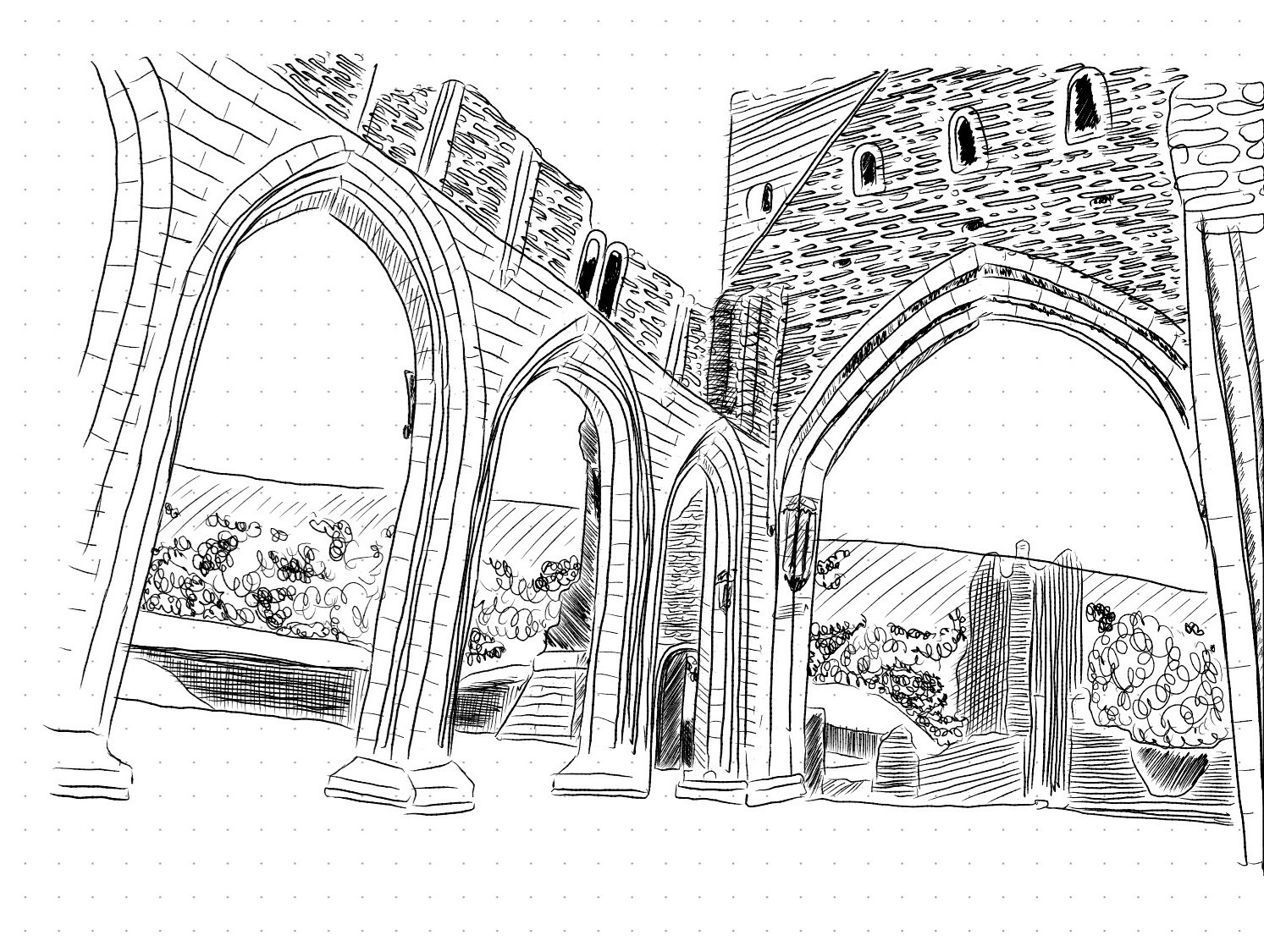 A digital drawing created on a Huion note: llanthony abbey