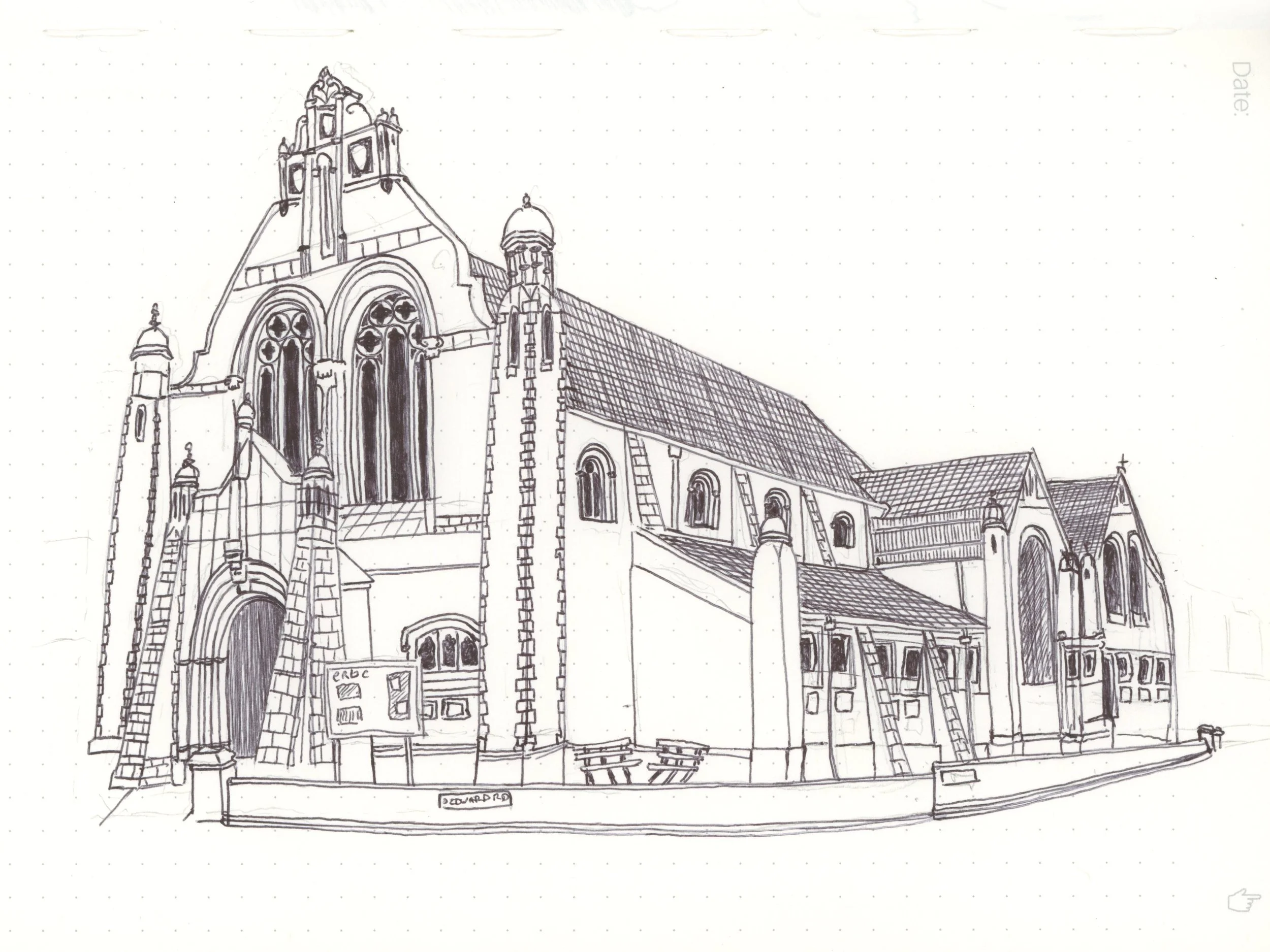 A drawing done with a Huion Note ball point on a Huion note paper notepad: Edward Road Baptist Church, Birmingham UK