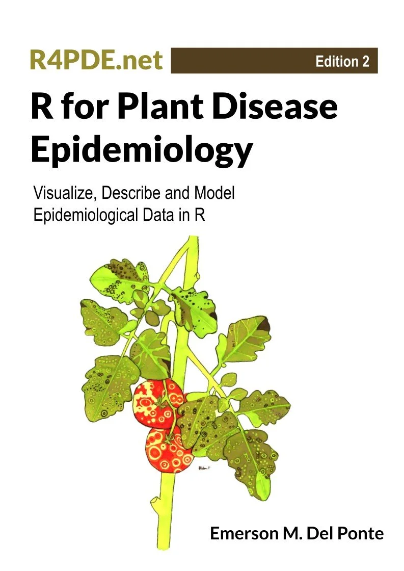 A book cover titled R for Plant Disease Epidemology, with a painting of tomato spotted wilt virus on the front