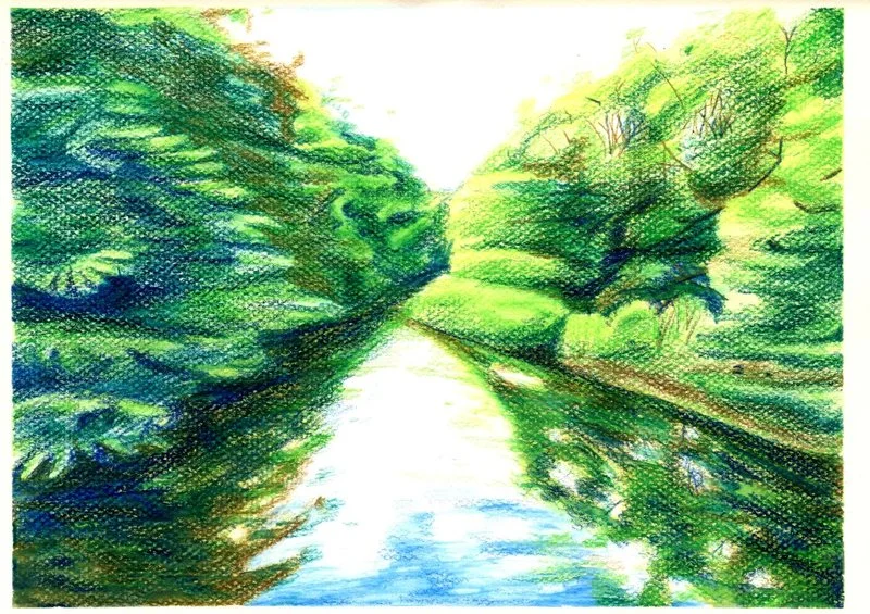 a drawing of a a narrow waterway framed by vibrant green foliage, aiming to convey the calm stillness of the water and the beautiful reflections