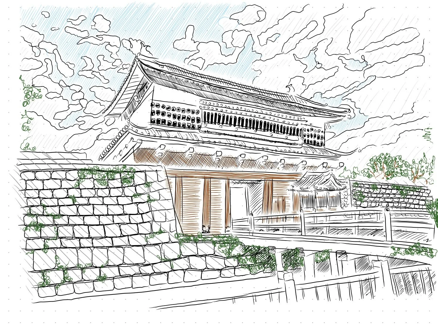 A digital drawing created on a Huion note: Kagoshima Castle Goromon Gate