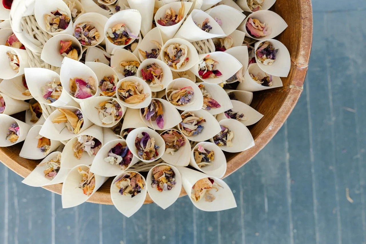 Top-down view of 140 paper cones filled with colorful dried flower confetti for Nell and Evan’s wedding recessional at Watervale Inn.
