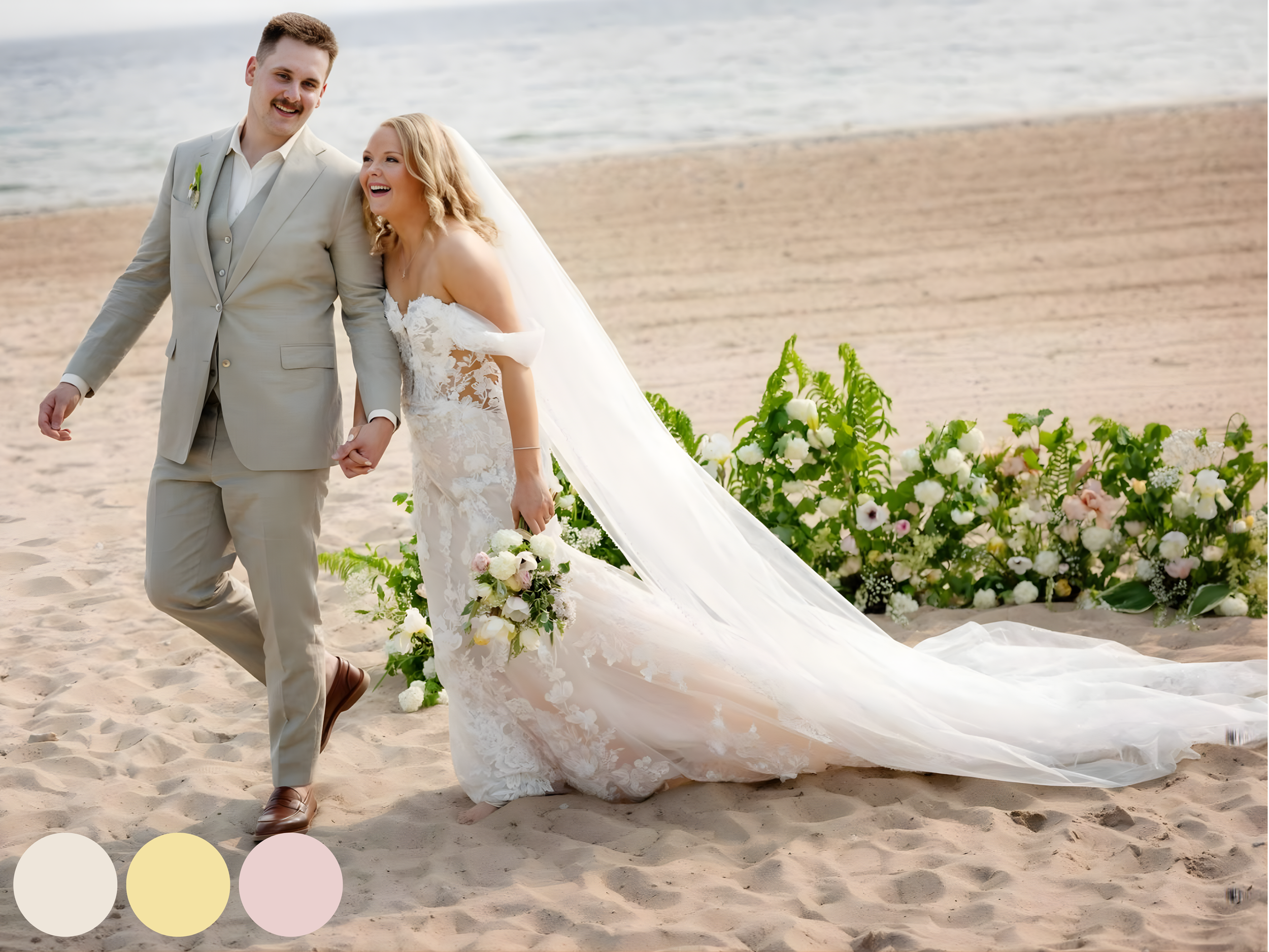 bride and groom with spring wedding flowers with soft white and blush bouquet and natural greenery at beach ceremony setting