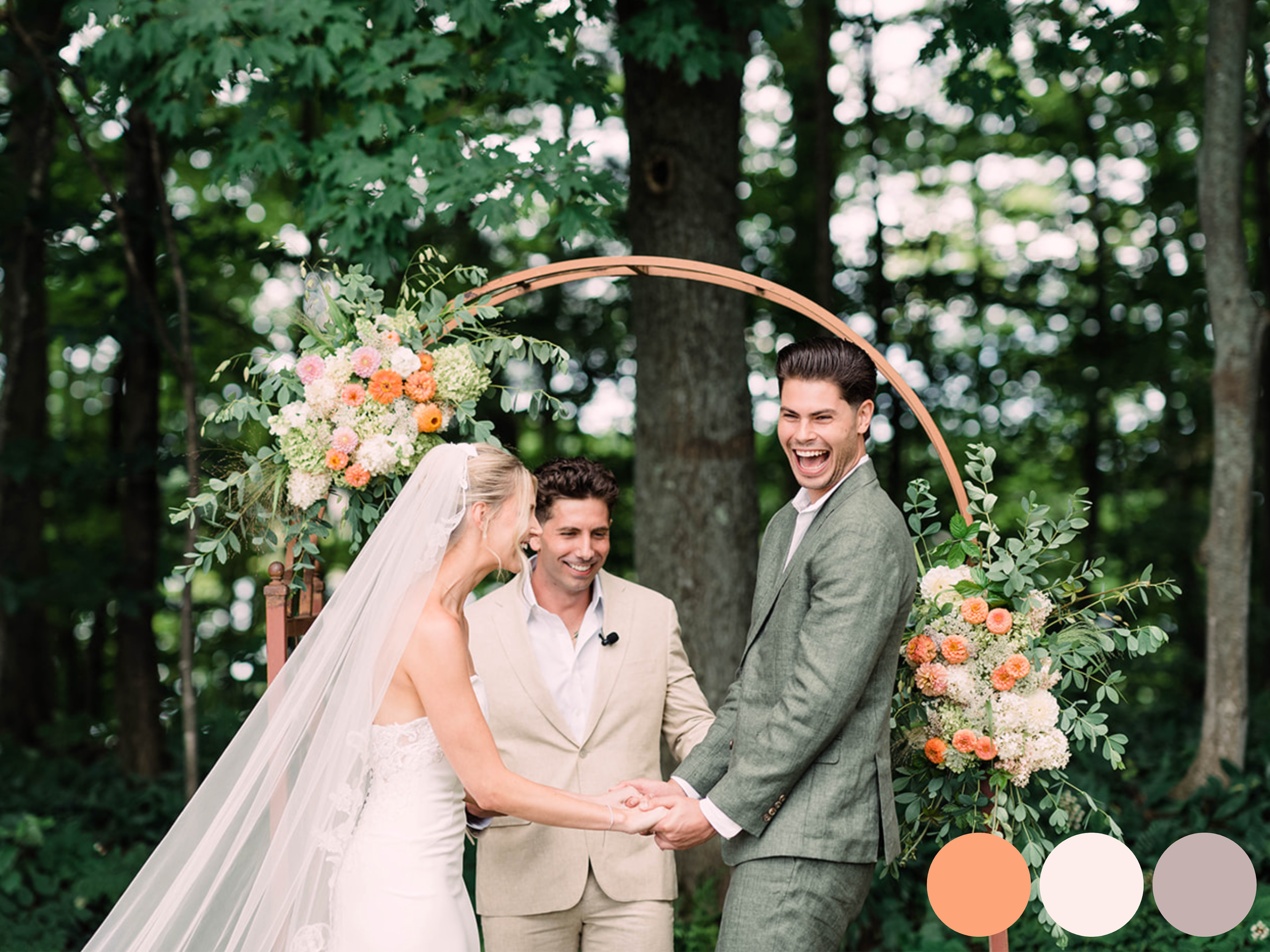 bride and groom exchanging vows under a floral ceremony arch with soft greenery and delicate blooms, showcasing a neutral wedding flower color palette with summer wedding flowers