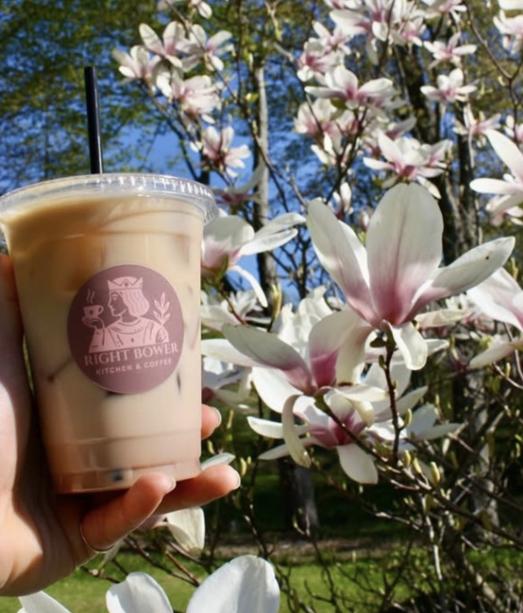 Image of a Right Bower coffee in front of Moondance Cherry Blossoms