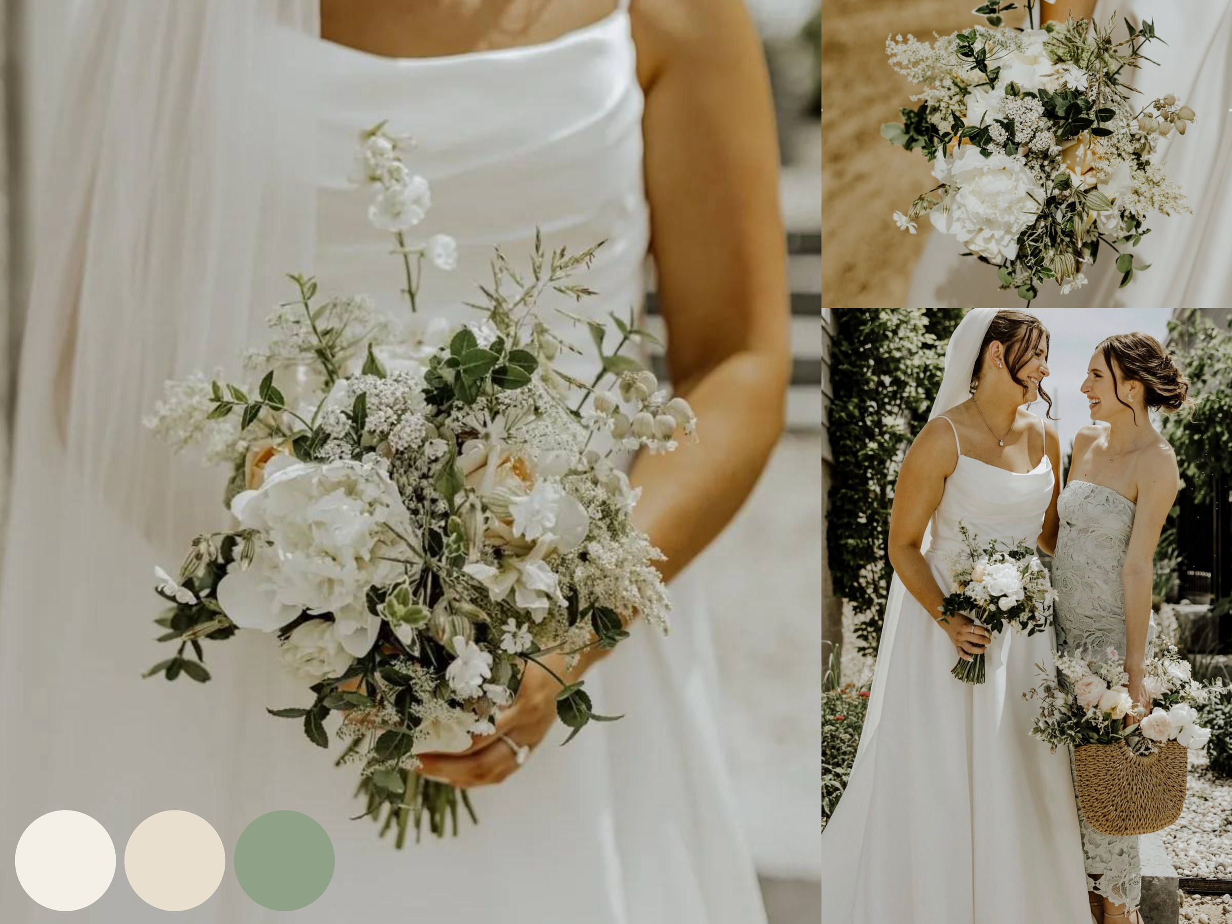Bride and bridesmaid standing together outdoors at a spring wedding, holding white wedding bouquets with soft, airy spring flowers
