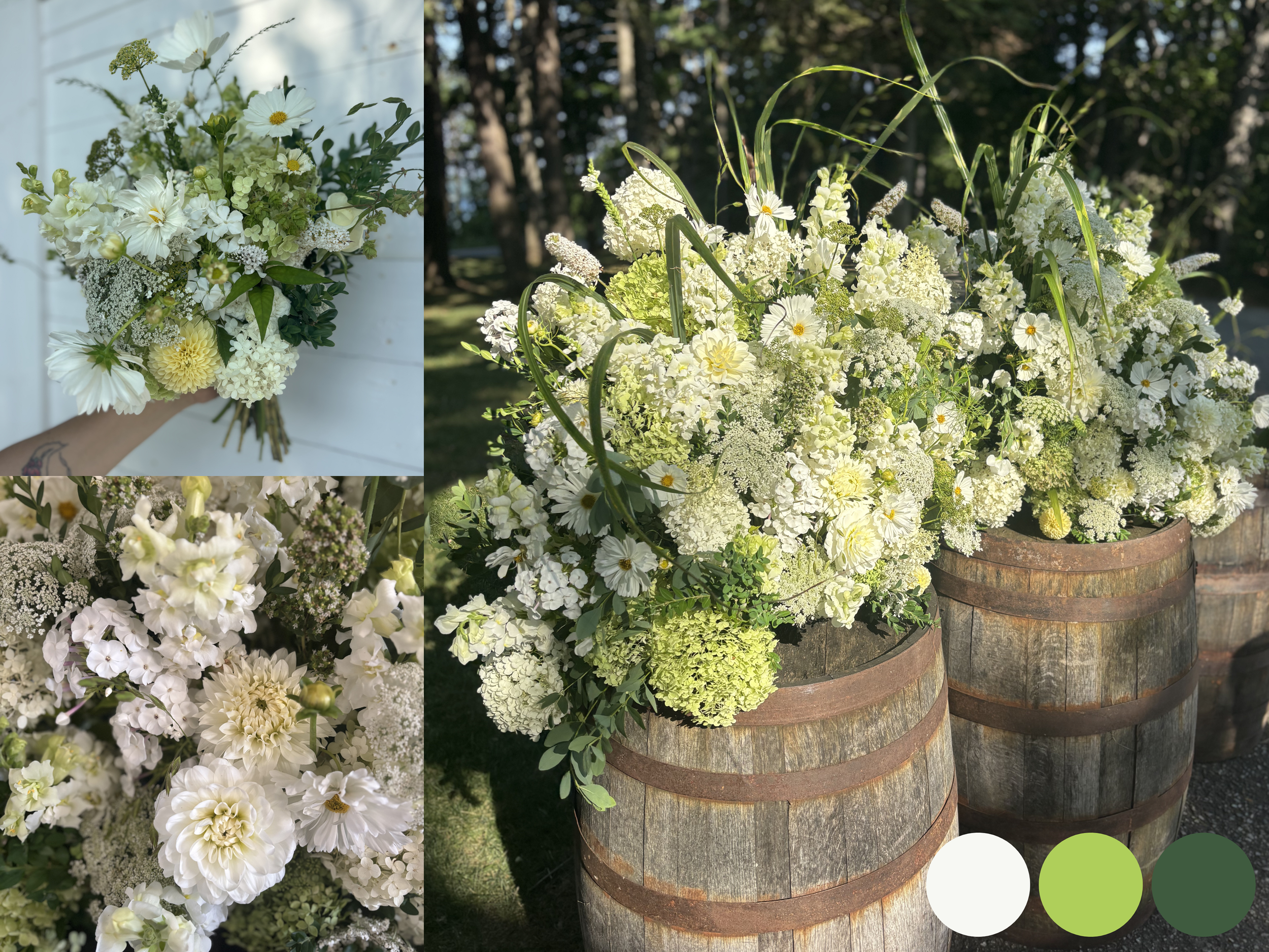 White wedding ceremony flowers arranged on wine barrels, featuring full summer blooms and layered white florals