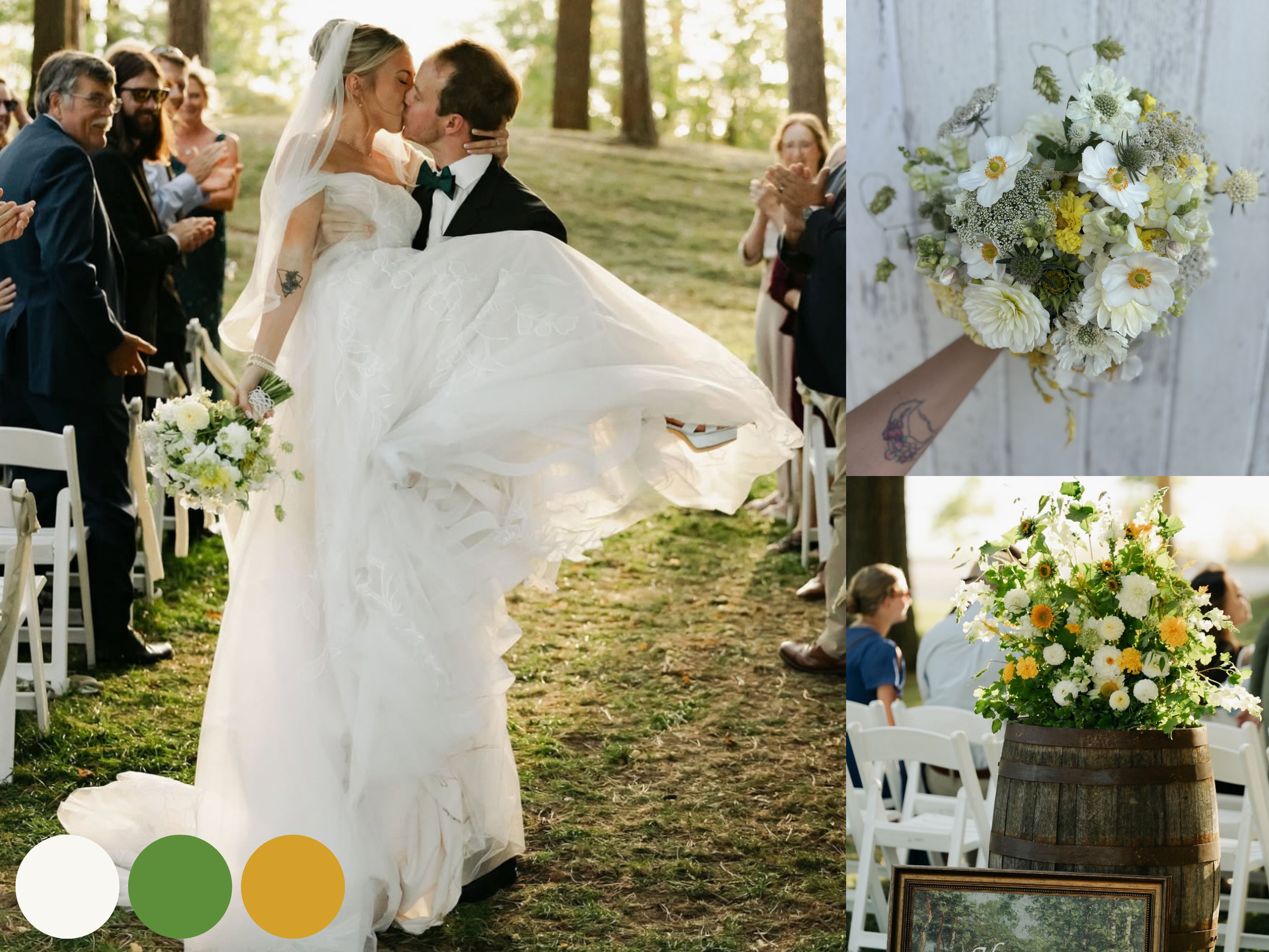 Bride and groom walking down the aisle after a fall wedding ceremony, holding a bouquet of white wedding flowers with soft seasonal texture
