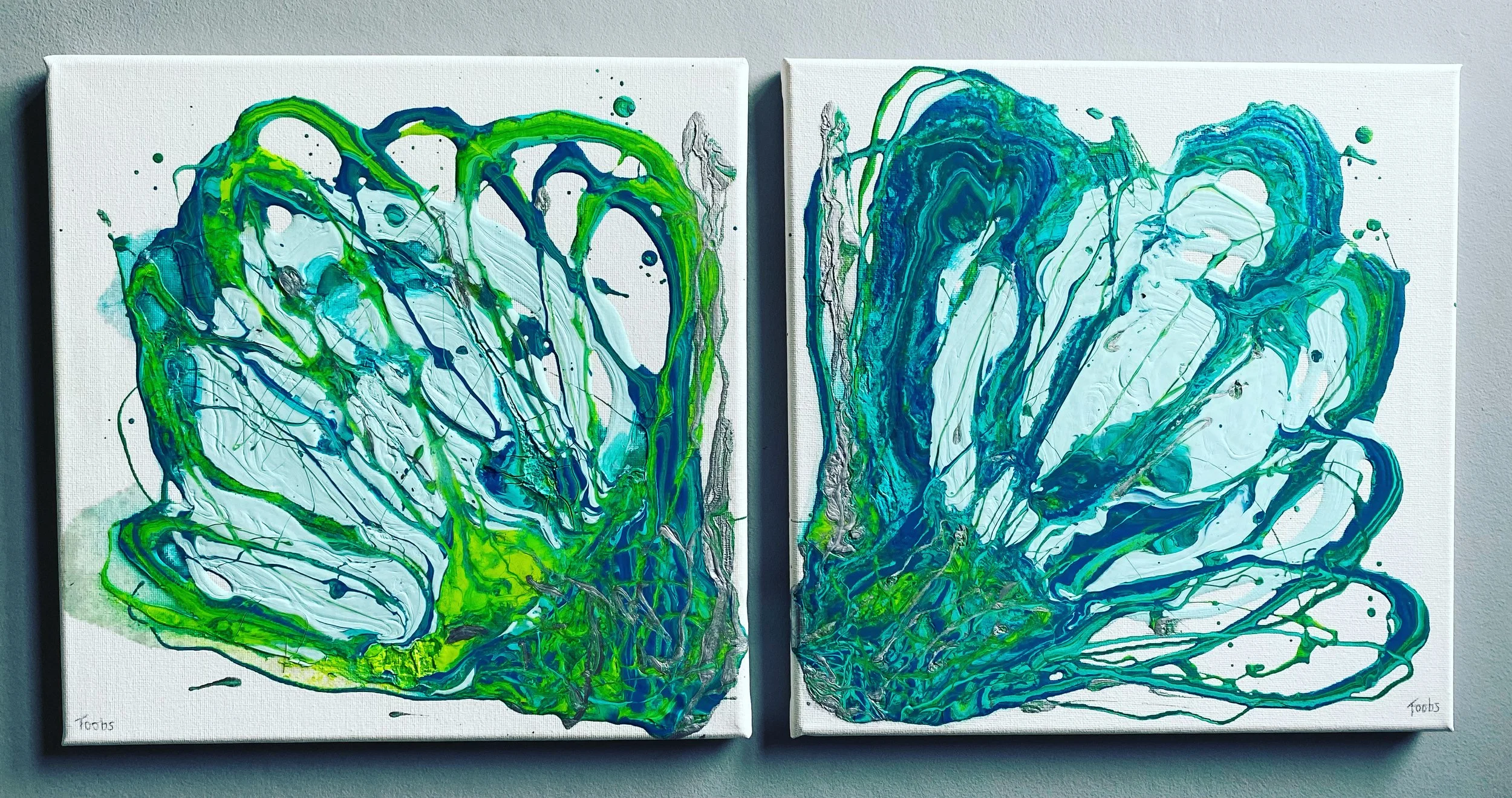 Two Butterflies. Pouring acrylics. 30cm x30cm each. £100 each. £150 for the pair.