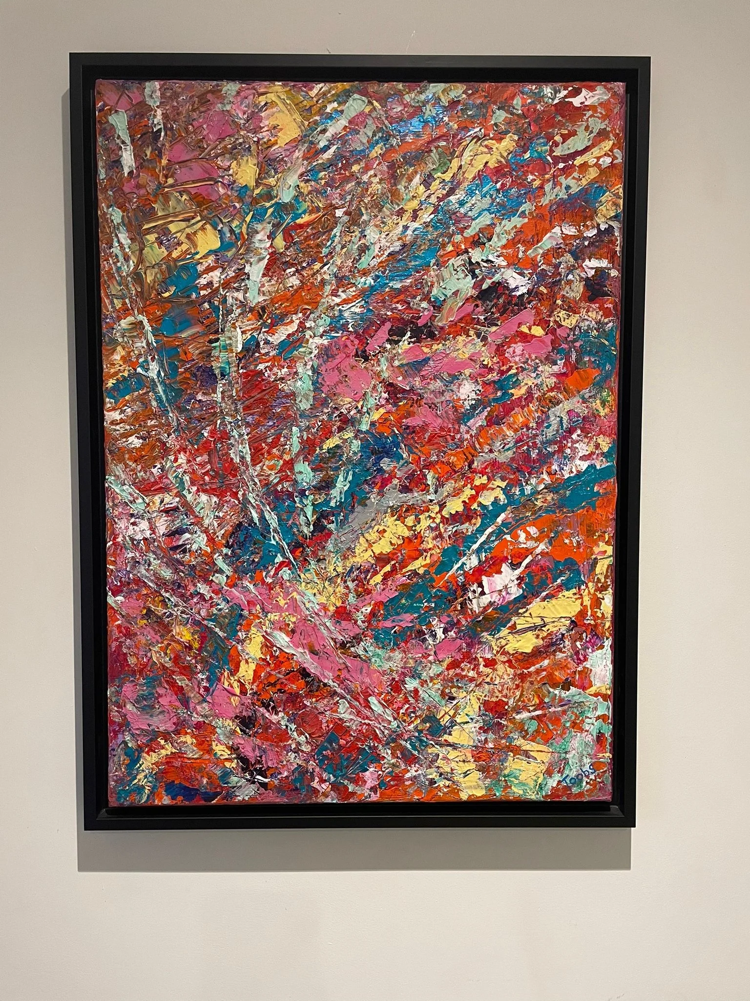 SOLD - Layered acrylics on stretched canvas floating in black wooden frame.