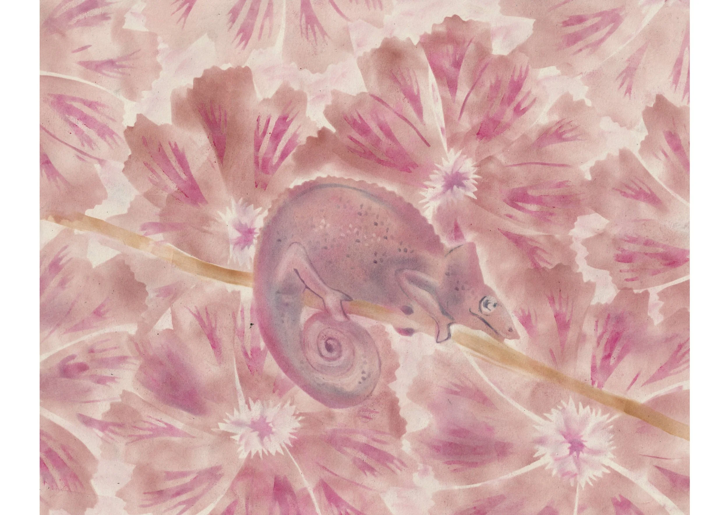 Chameleon character on pink flowers kidlitart