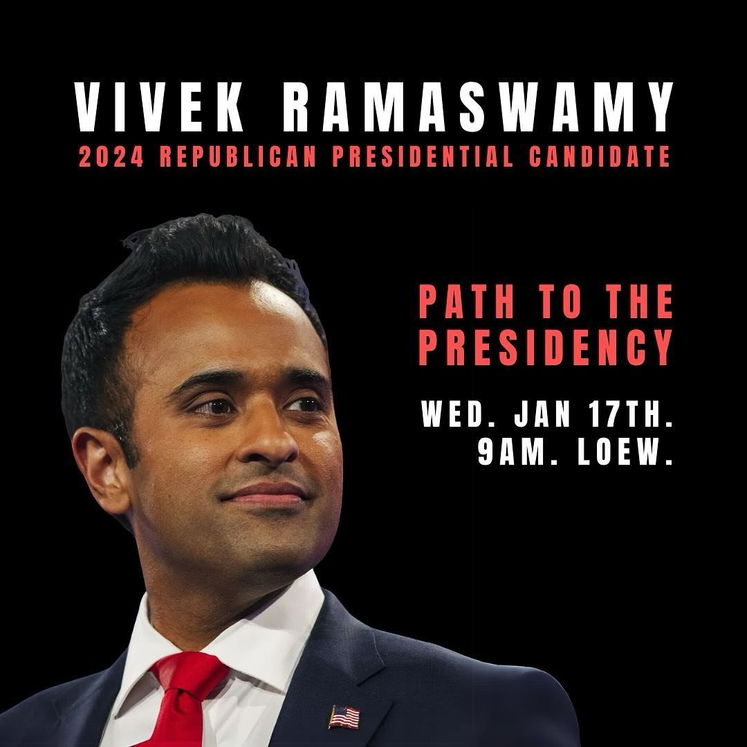CANCELLED: Vivek Ramaswamy has ended his 2024 Presidential Campaign after falling short at the Iowa caucuses. 

VIVEK RAMASWAMY: Join The DPU and the Rockefeller Center next week for a conversation with 2024 Republican presidential candidate Vivek Ra