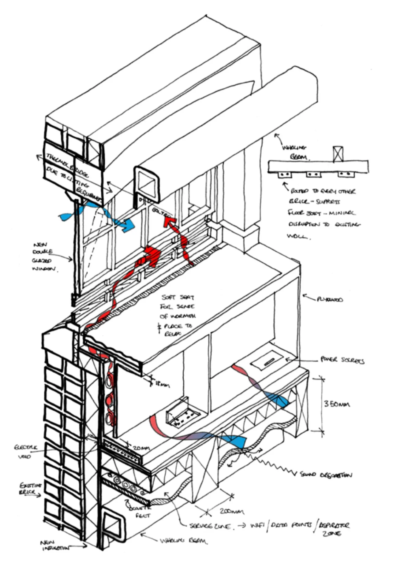 A technical architectural drawing of a building, showing structural elements, window placement, and mechanical systems, with labels indicating design specifications and installation details.