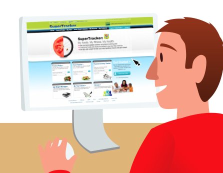 A person using a desktop computer to browse a website called SuperTracker, which appears to be related to health or fitness tracking.