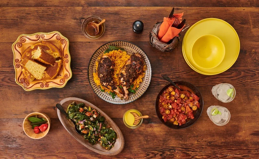 Jerk Chicken Over Bahamian Rice with Callaloo and Okra