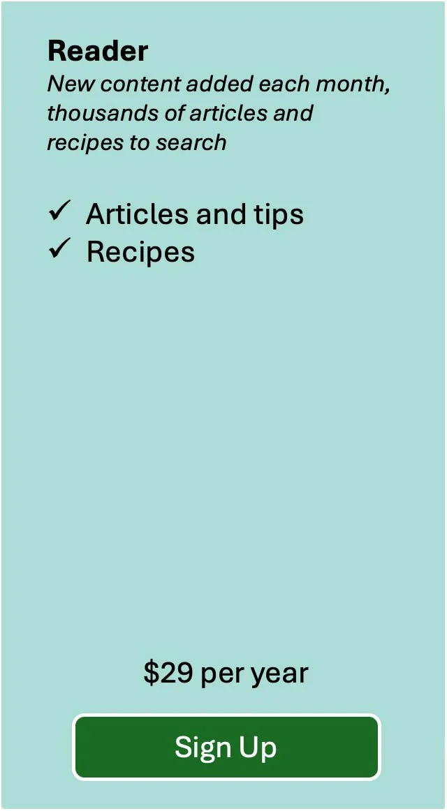 Digital subscription plan for articles and recipes, pricing $29 per year, with a green 'Sign Up' button.