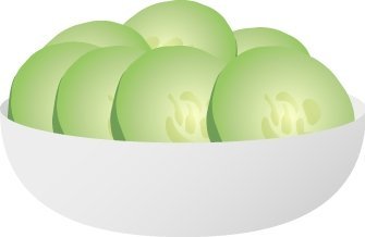 A white bowl filled with sliced green cucumbers.