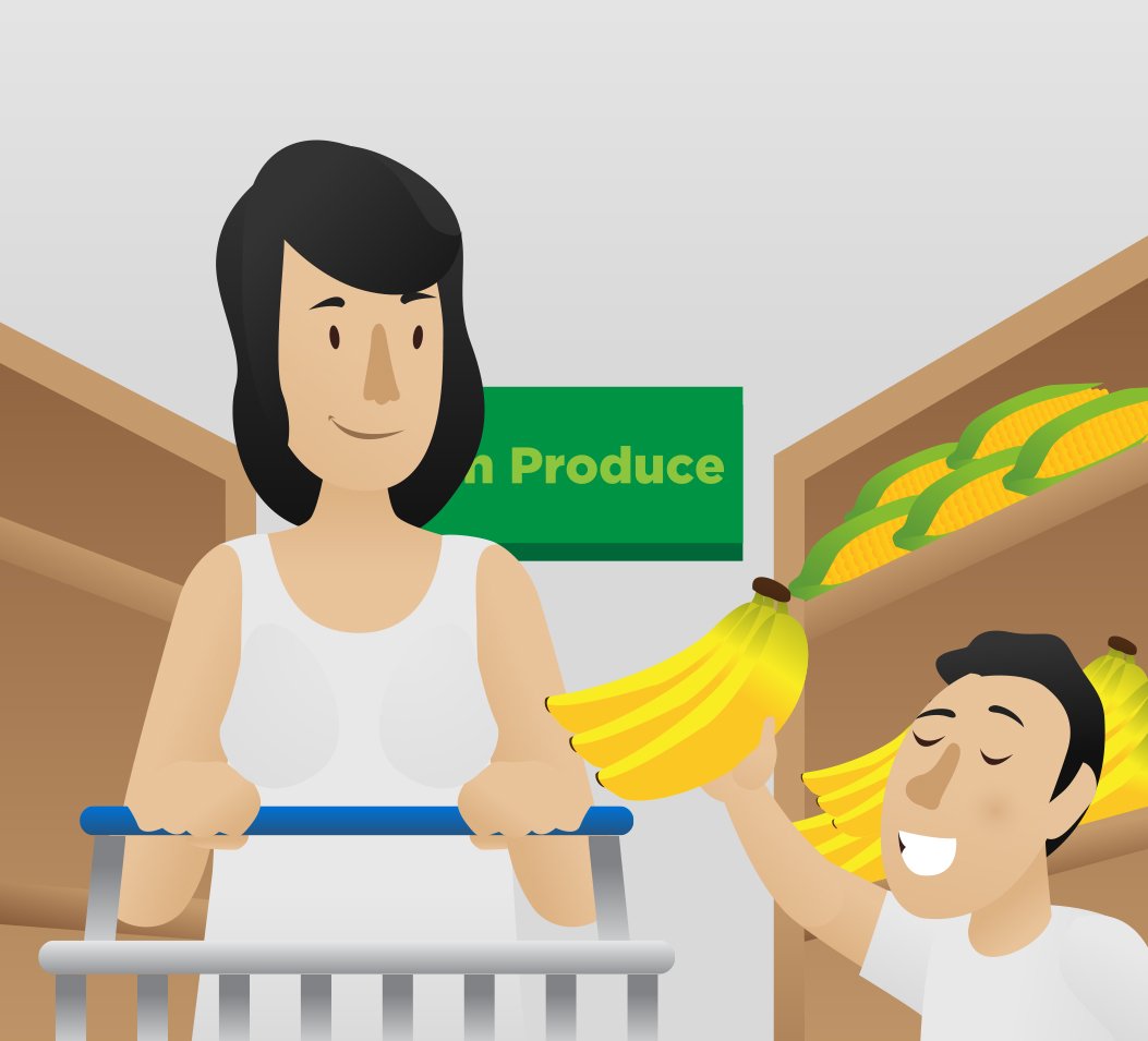 A woman shopping for bananas at a grocery store, with a man happily holding a bunch of bananas.