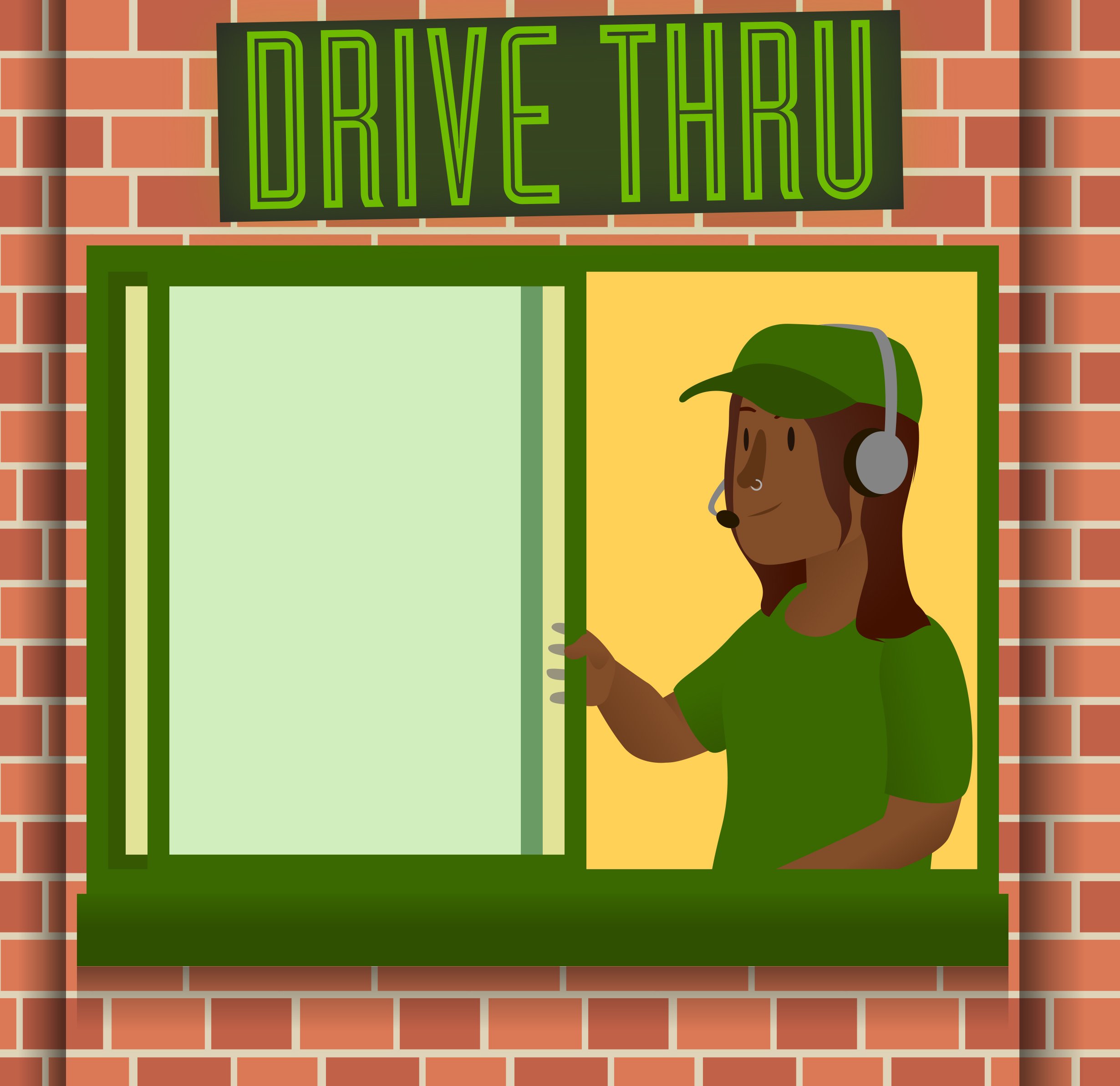 Illustration of a drive-thru window with a smiling person wearing a green cap and shirt, talking through the window with a headset.
