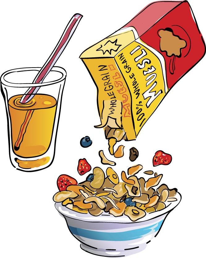 A bowl of cereal with strawberries, blueberries, and nuts, with a tilted box labeled "Wholegrain" and "Muesli" spilling cereal pieces, and a glass of orange juice with a straw.