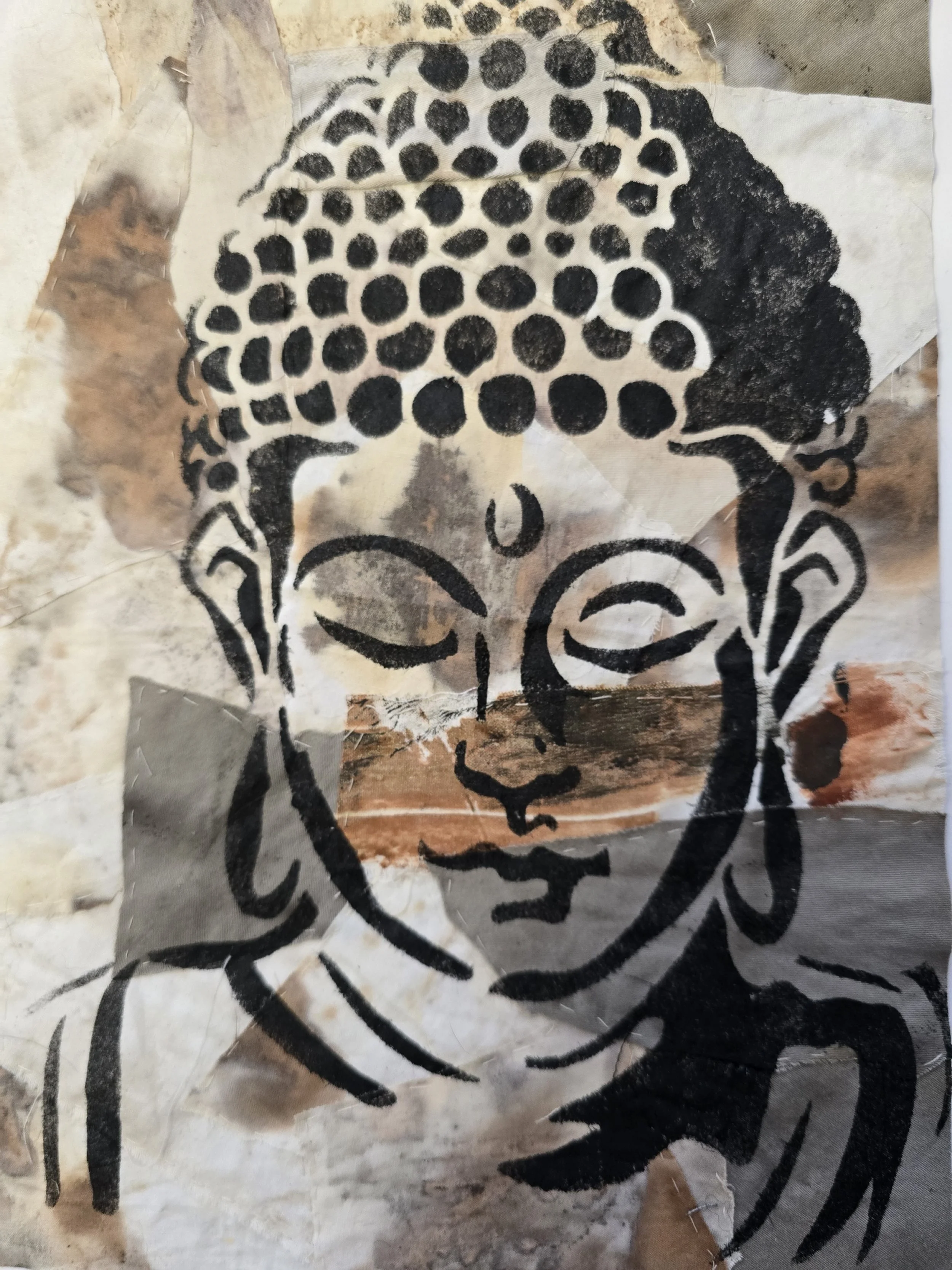 Random Collage with large Stencil on Zero Waste Stitching