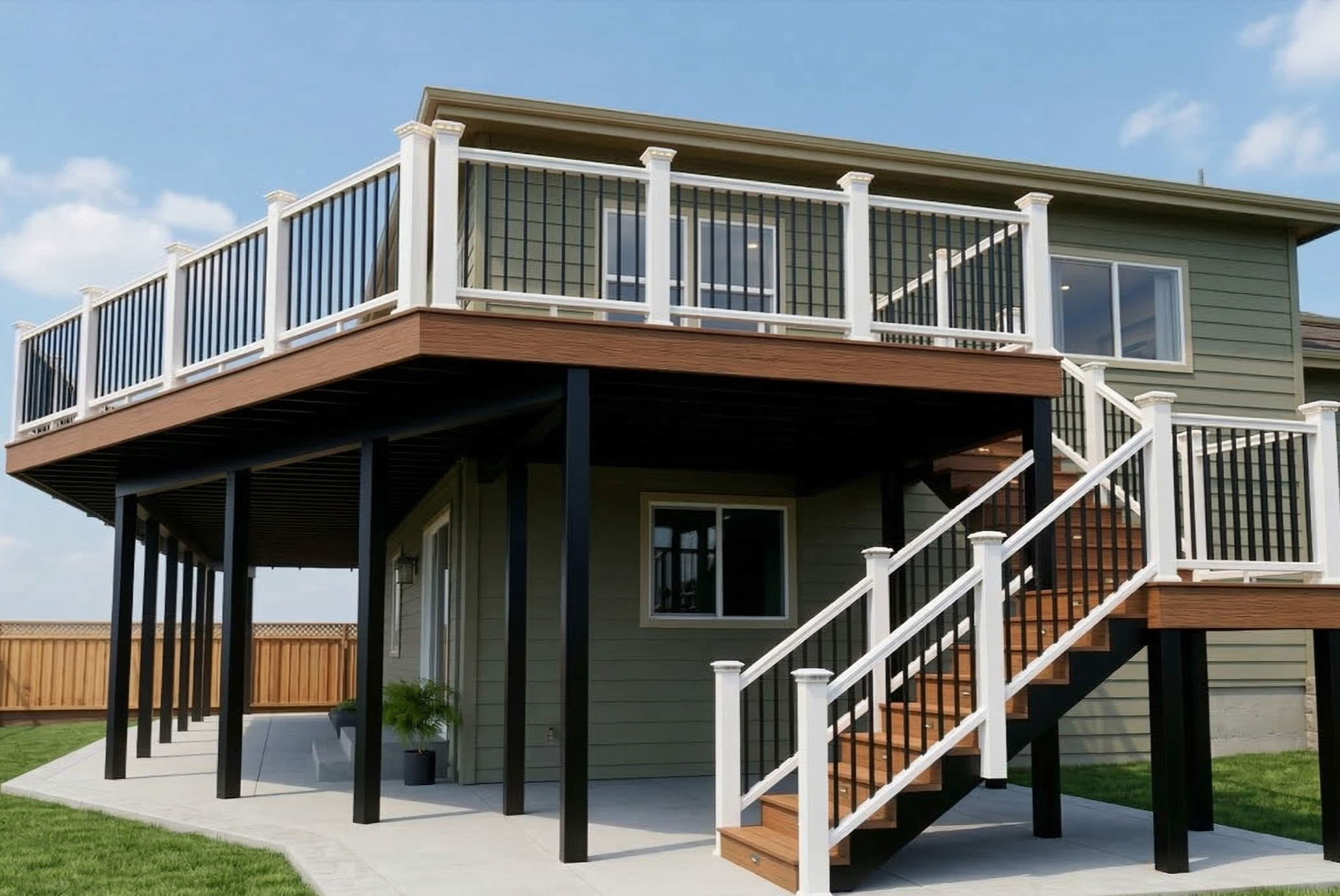 Second-story advanced PVC deck installation designed for moisture resistance and modern outdoor living performance.