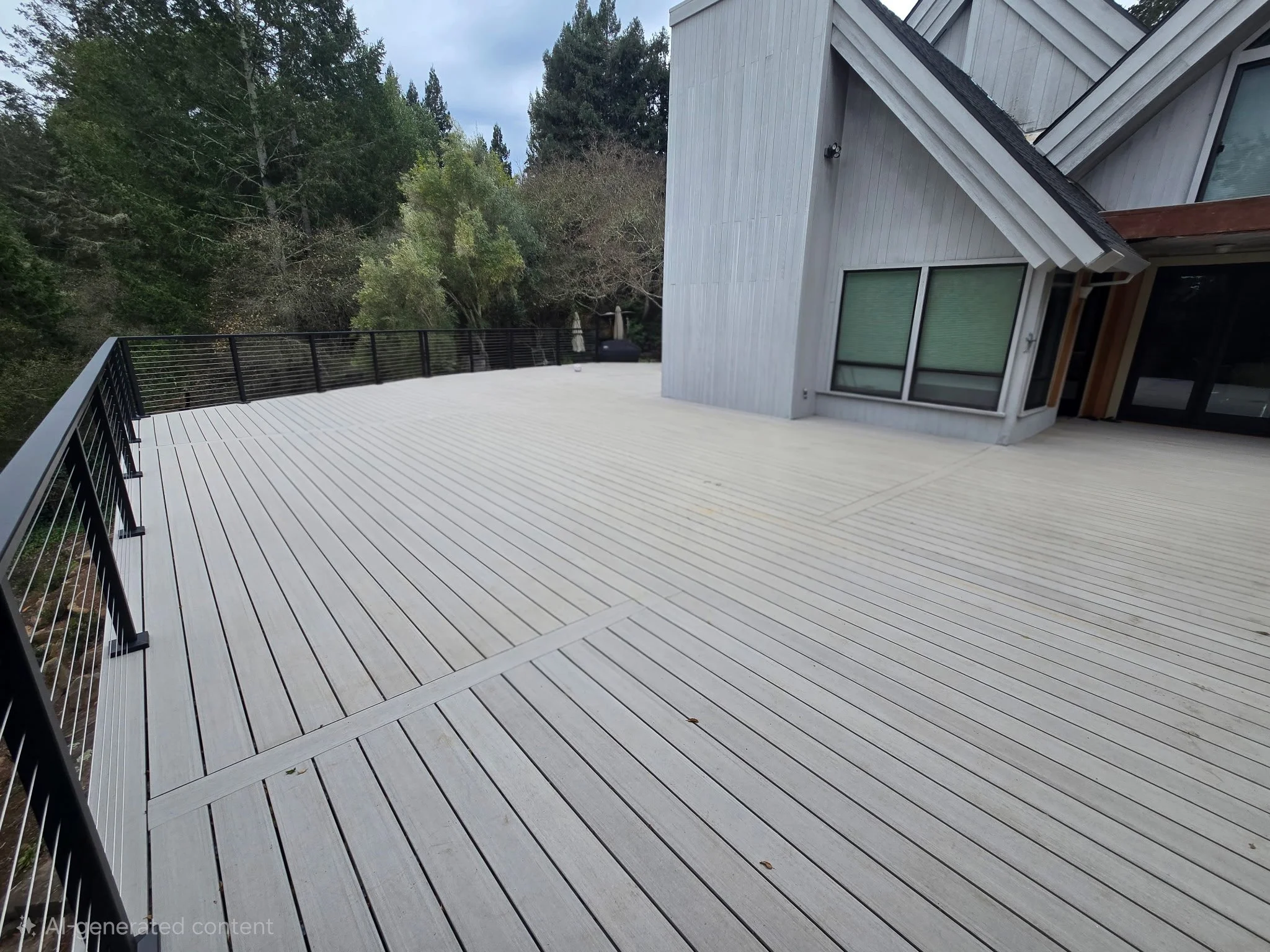 Large custom AZEK advanced PVC deck installed by Picano Builders with Feeney cable railing, precision board layout, and expansive outdoor living space designed for moisture resistance and long-term performance.