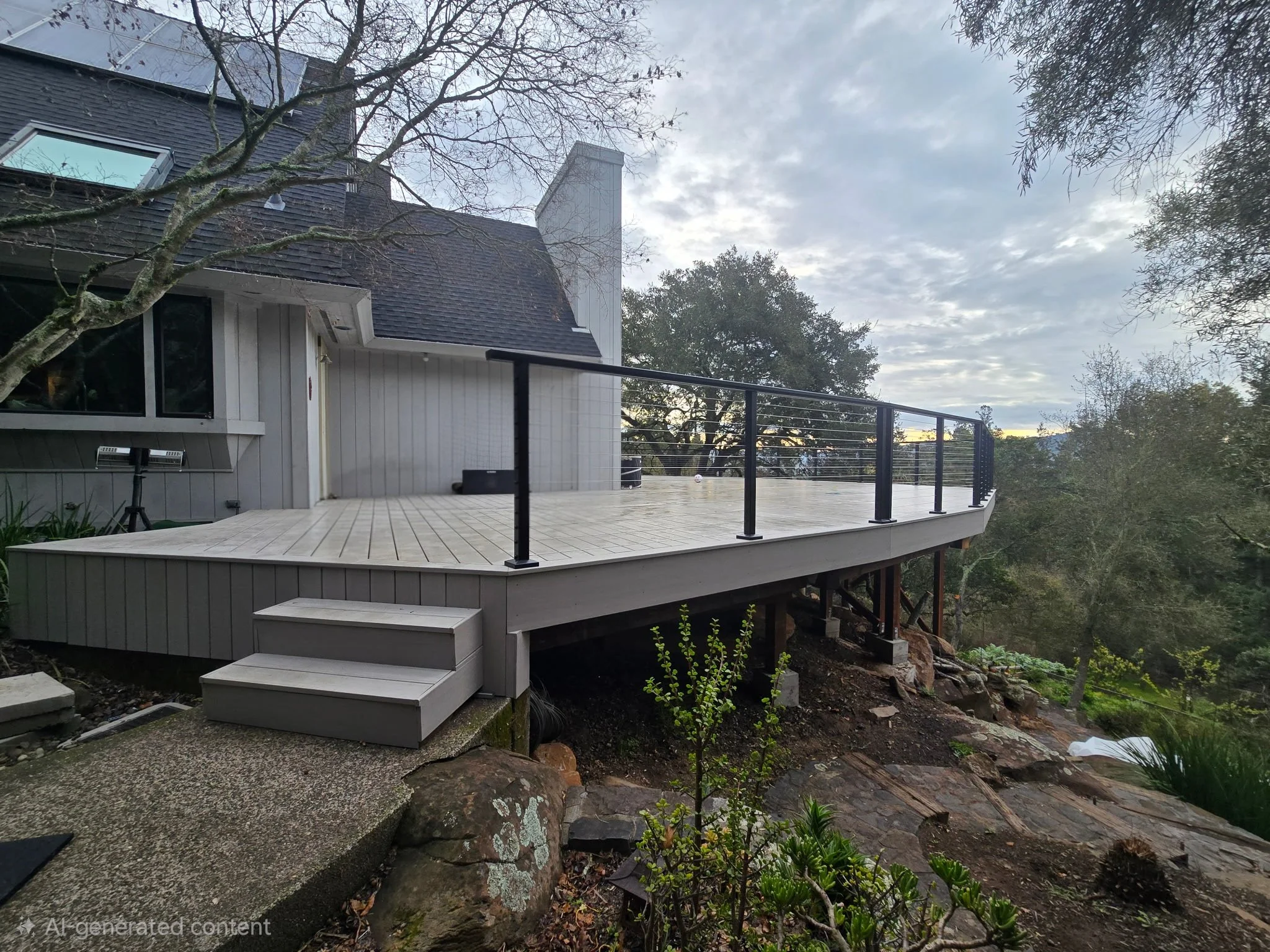 Elevated composite deck with cable railing built by Picano Builders for a hillside home in Santa Rosa, Sonoma County