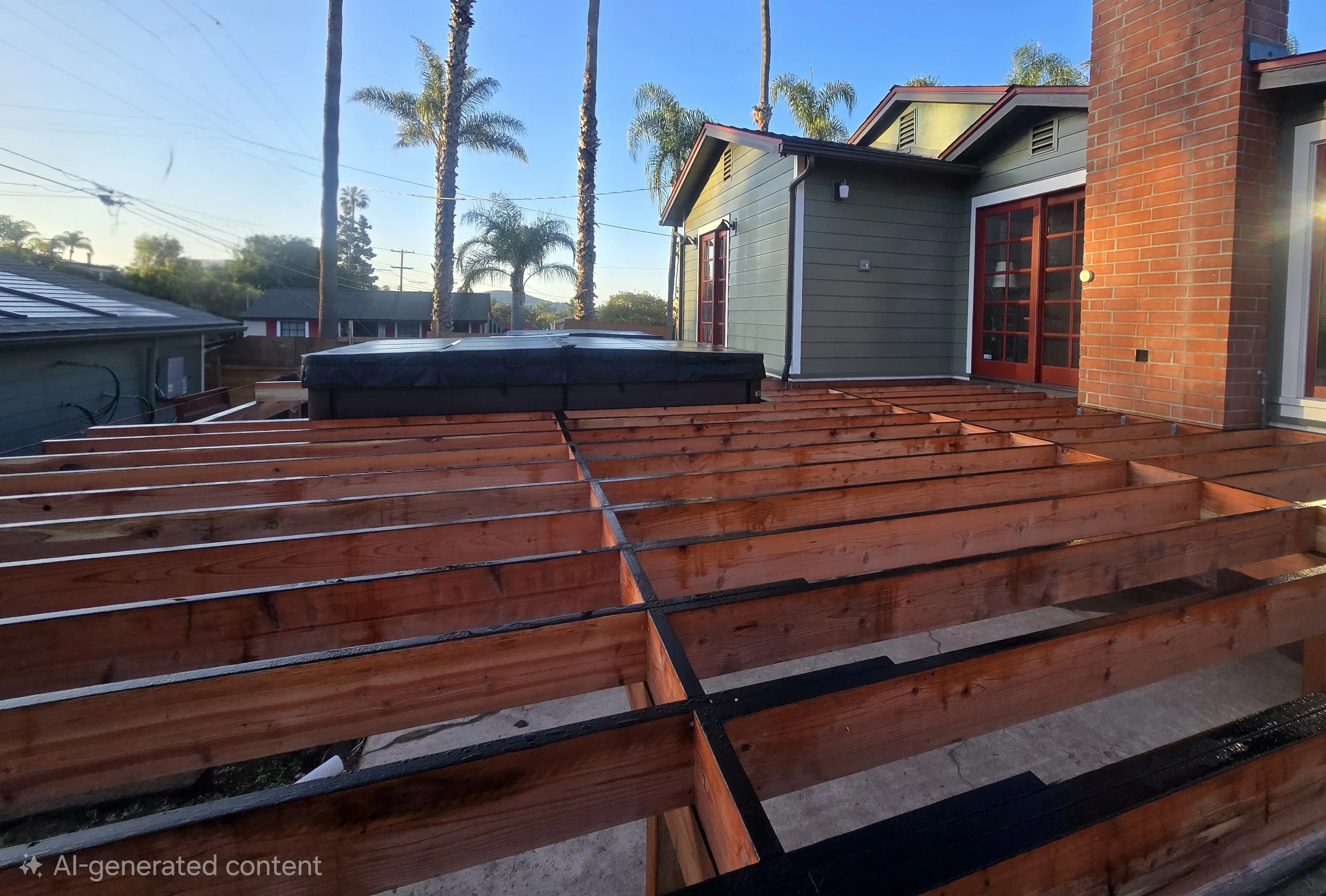 Redwood deck framing with sealed joists for long-term durability in San Diego climate.