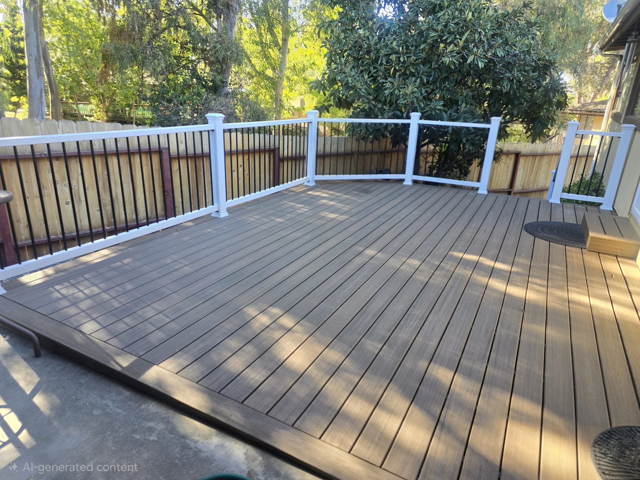An elevated view of a finished brown composite deck featuring a white Trex composite railing with black metal balusters.