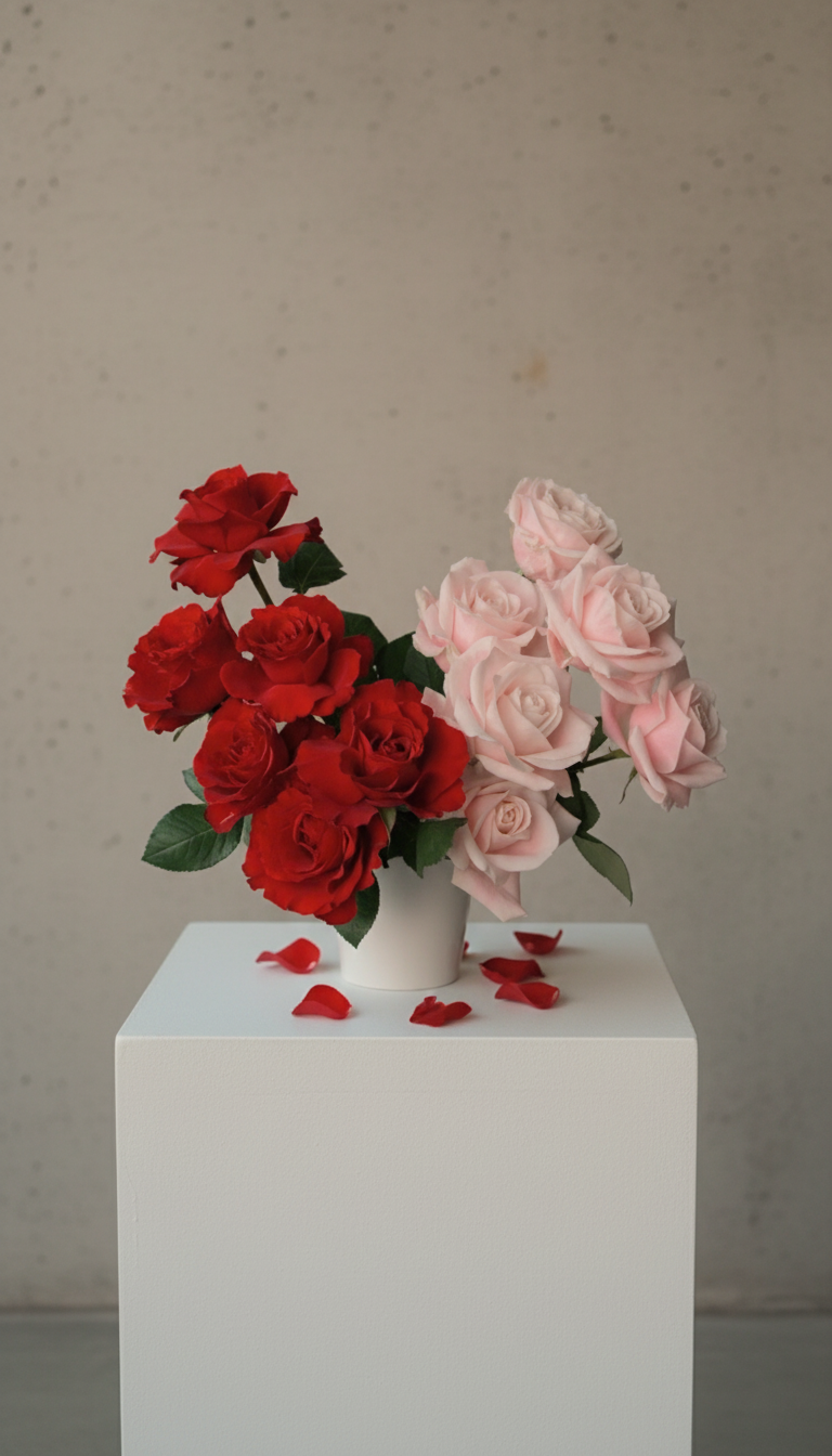 A white vase filled with red and pink roses on a white pedestal with rose petals scattered around, against a plain background.
