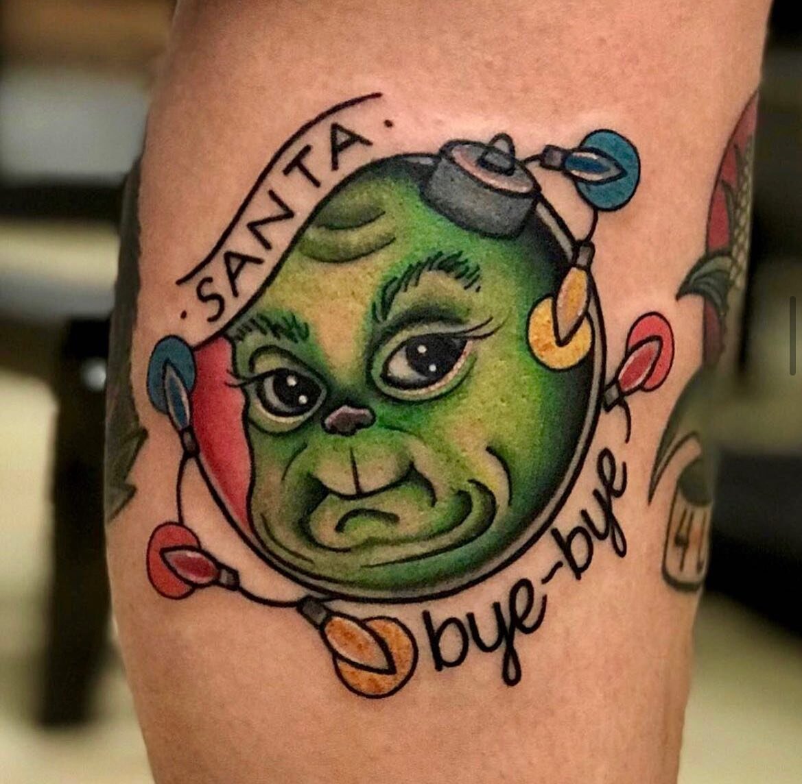 It&rsquo;s not Christmas Eve unless I post my favorite baby Grinch tattoo again, hope everyone has a good day today! We are open until 7 at the shop if anyone wants to stop by or get a baby grinch of their own!! #babygrinch #santabyebye #grinchmas #g