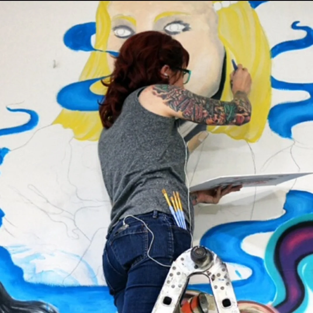 This was the first time I painted so huh on a ladder, thanks @cushygigs for including me on this wall, I miss this original location! #girlongirlwall #womenartists #cushygigs #mural #muralpainting #muralist