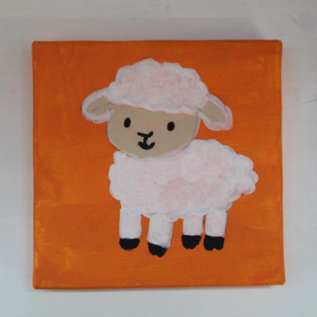 Charming 4x4 Lamb Canvas with Vibrant Orange Background