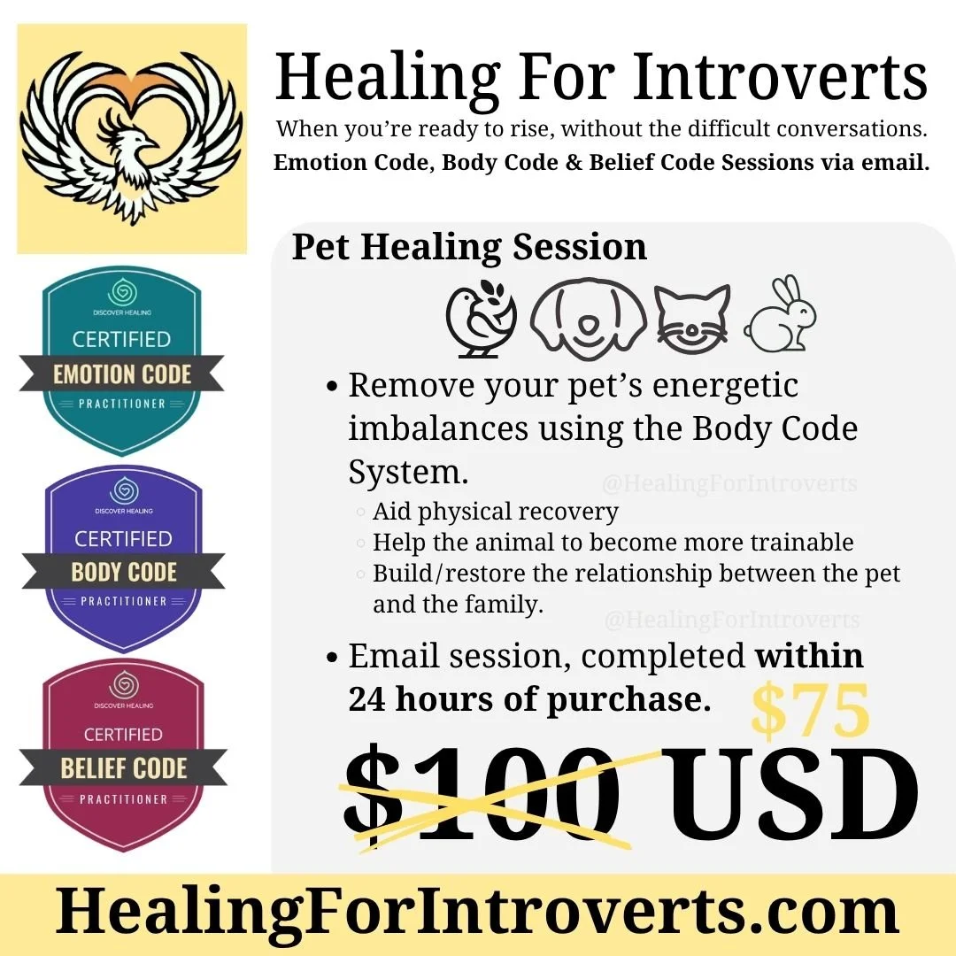 Collage of Maryann Whitelaw, Certified Emotion Code, Certified Body Code and Certified Belief Code badges with text related to Energy Healing for Pets: Remove your pet's energetic imbalances