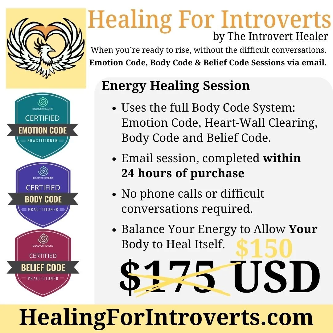 A promotional flyer for The Introvert Healer energy healing session featuring a smiling woman named Maryann, along with details about the session, certifications, and pricing, with colorful accents and a website URL.