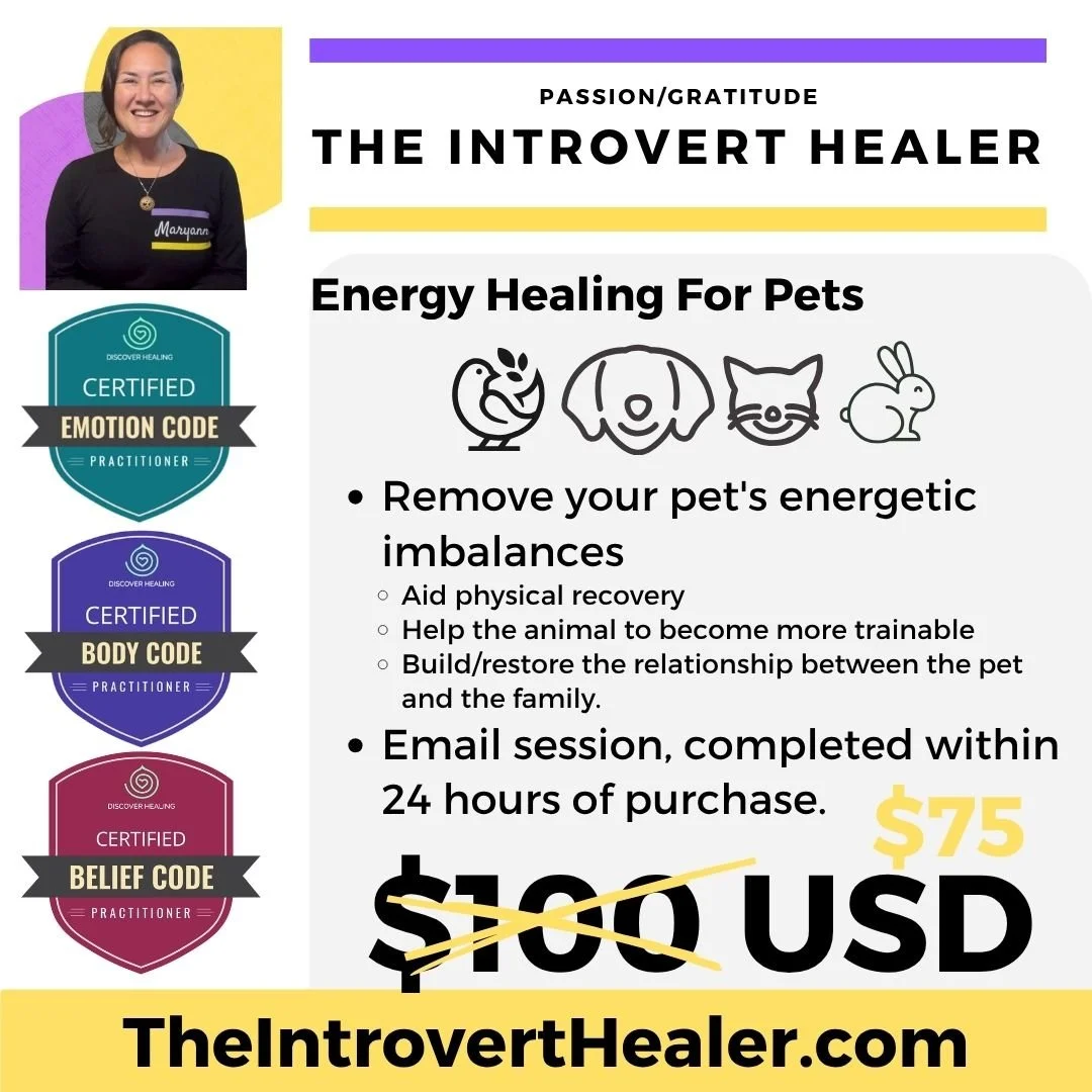 Collage of Maryann Whitelaw, Certified Emotion Code, Certified Body Code and Certified Belief Code badges with text related to Energy Healing for Pets: Remove your pet's energetic imbalances