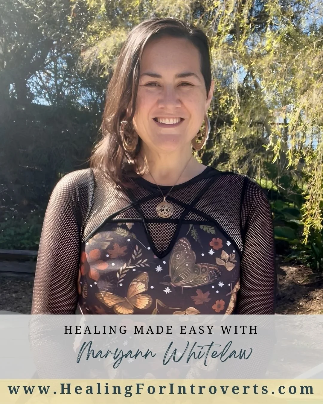 Smiling brunette outside. Text reads: healing made easy with Maryann Whitelaw, healingforintroverts.com