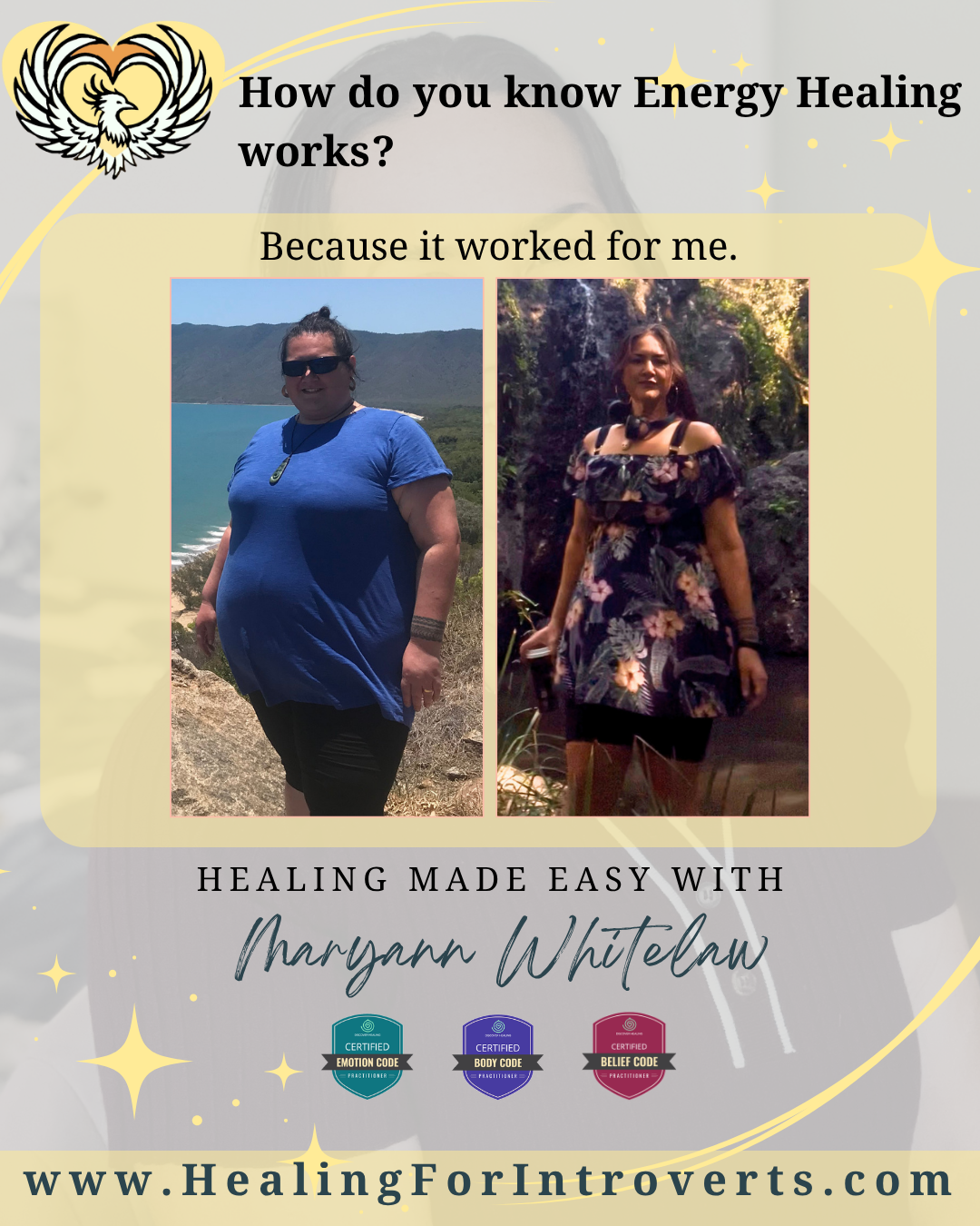 Maryann Whitelaw's energy healing transformation. Before and after photos showing a 200lb weight loss