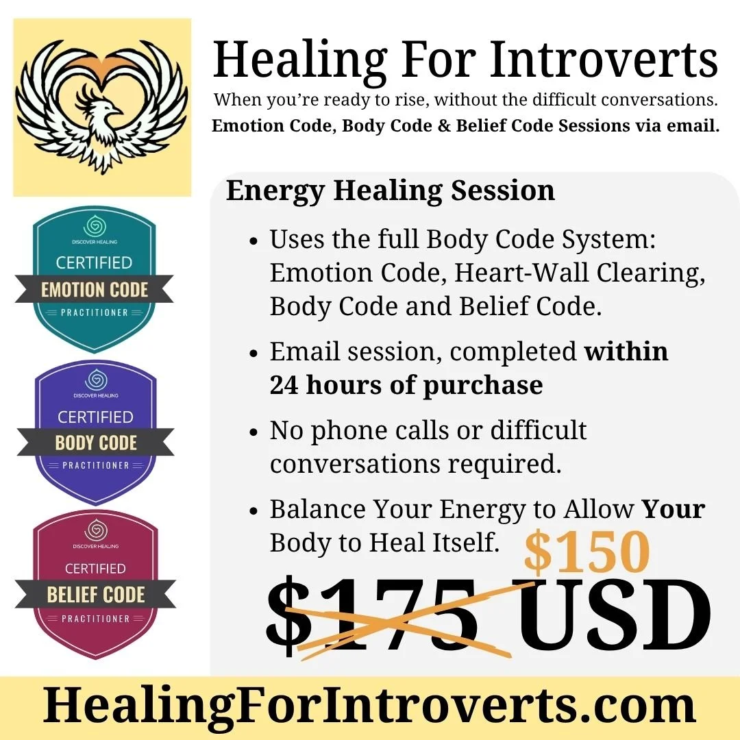 A promotional flyer for Healing for Introverts energy healing session featuring a smiling woman named Maryann, along with details about the session, certifications, and pricing, with colorful accents and a website URL.